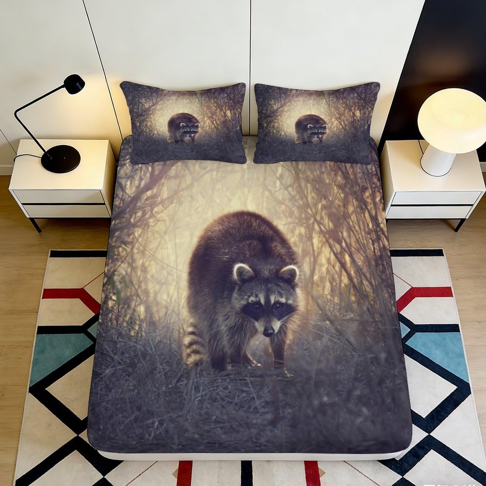3D Printed Forest Raccoon Fitted Sheet Microfiber Soft Breathable Woodland Animal Mattress Cover for Bedroom Decor 90x200x25cm