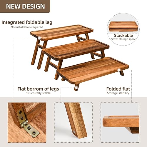 Miniatura 4 de GEHE Bandeja plegable de 3 niveles para servir, soporte para cupcakes para fiestas, juego de soporte de torre de madera de acacia, platos grandes