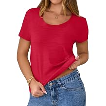 Hatant Scoop Neck T Shirts for Women, Short Sleeve Slub Cotton Basic Tee, Soft Stretch Regular Fit Casual Summer Tshirts Tops