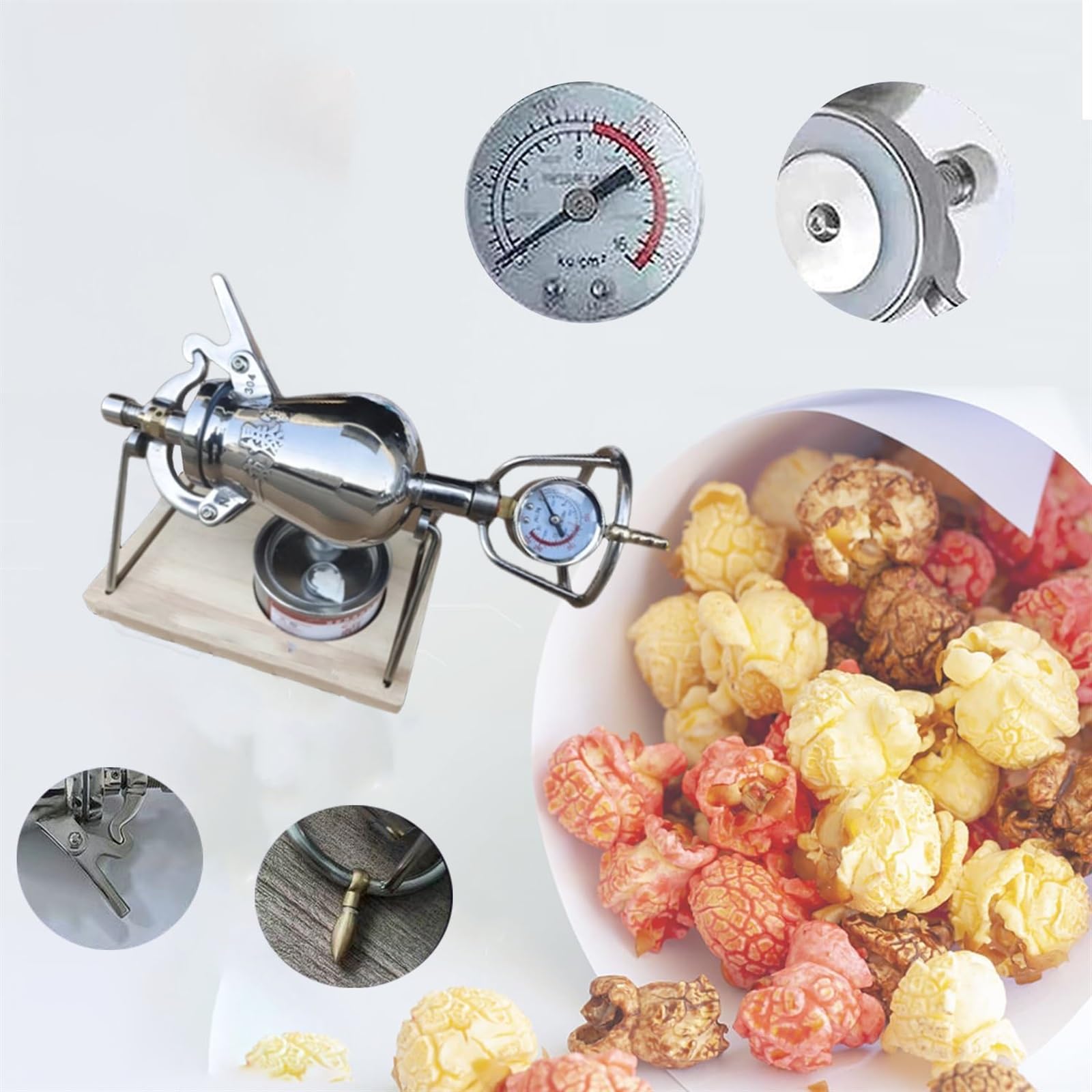 Retro Mini Maszyna Do Popcornu, Podstawa Z Drewnianej Deski Profesjonalna Maszyna Do Pieczenia Popcornu Ze Stali Nierdzewnej 304, Wzmacniacz Ziarna 300ml Z Manometrem