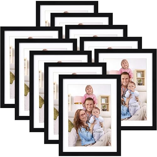 Giftgarden 5x7 Picture Frame Set of 10, Display 5x7 with Mat or 6x8 without Mat, Multi Photo Frames for Wall Mounting or Tabletop, Black