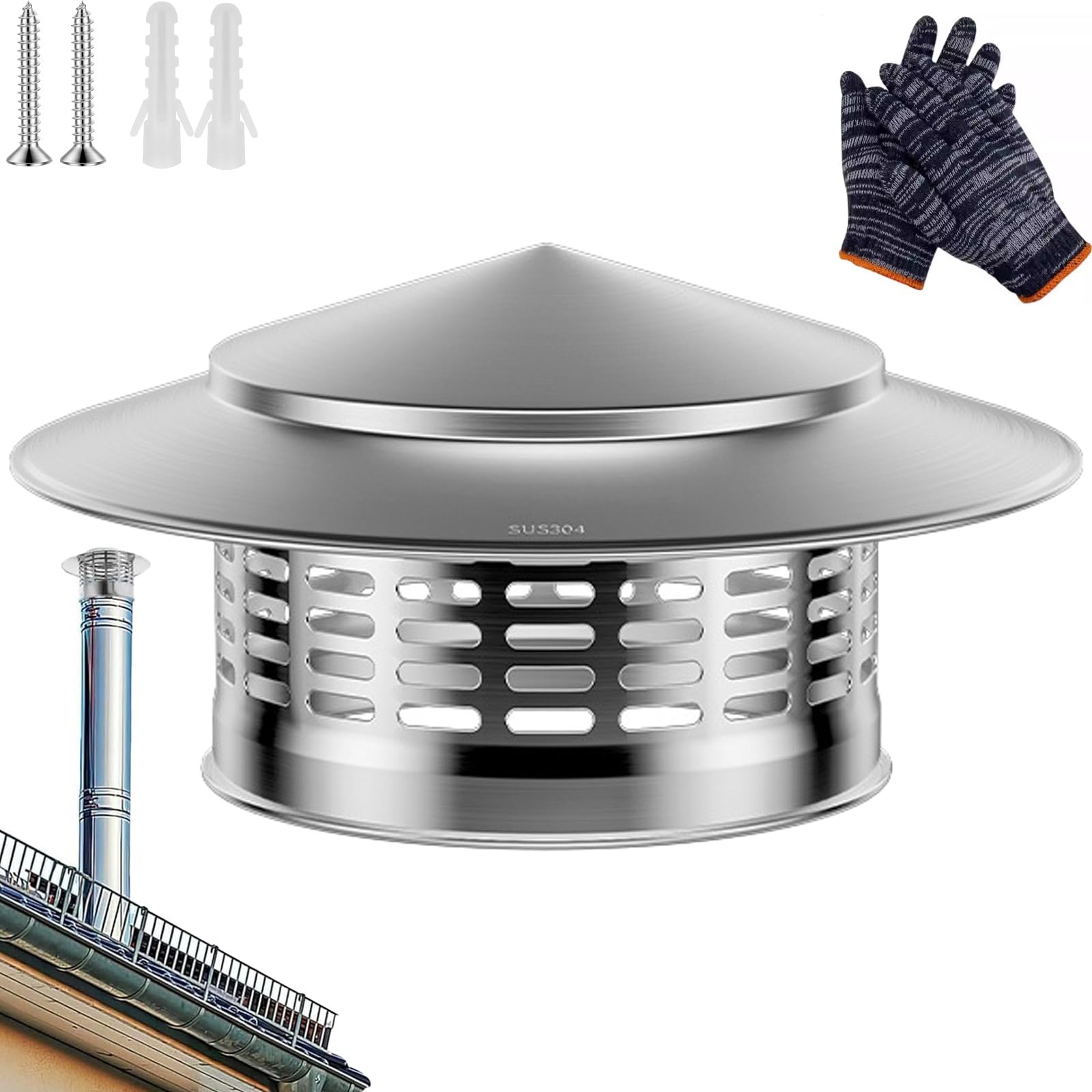 OYSKGNCMW Chimney Cap 304 Stainless Steel Chimney Cover Roof Top Round Fireplace Exhaust Cap Weatherproof Chimney Rain Caps with Mesh Sn Stove Pipe Cap for Outside Vent(160mm/6.3in)