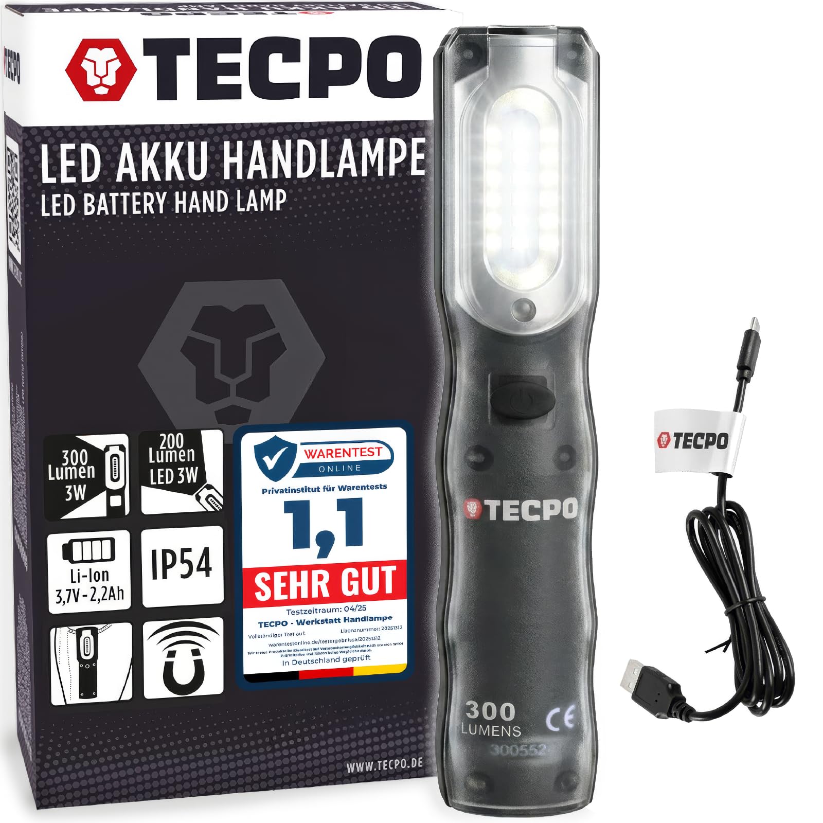 TECPO 2x Werkstattlampe Akku Handlampe 300 Lumen LED Arbeitsleuchte Stablampe IP54 Leuchte Lampe