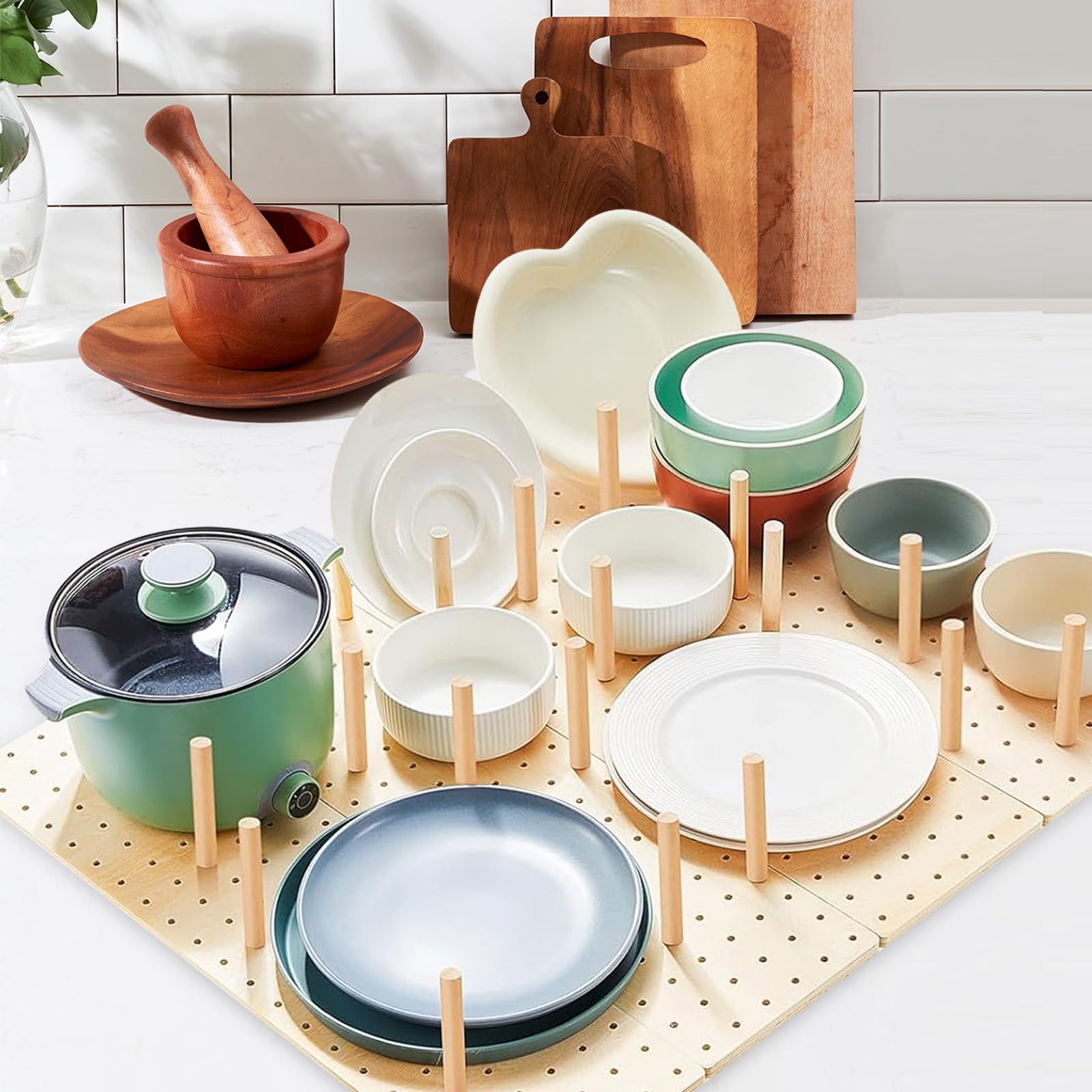 Organizer per cassetti in legno, confezione da 4 con 32 bastoncini di legno, divisori regolabili per cassetti da cucina, per piatti, pentole, ciotole, coperchi e altro ancora