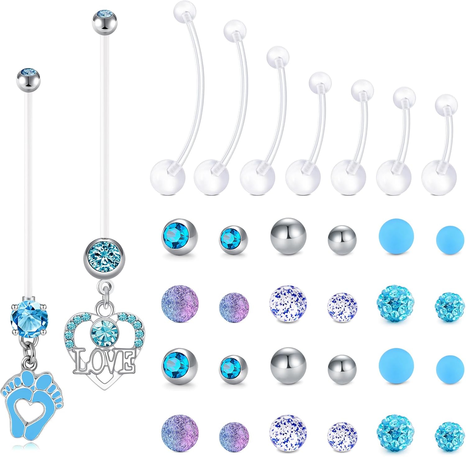 DJCIW 14G Pregnancy Belly Button Rings, Flexible Clear Acrylic Navel Rings for Pregnant Women and Maternity Sports, Comfortable Piercing Retainer, Customizable Long Bars 10-38mm with Replacement Balls