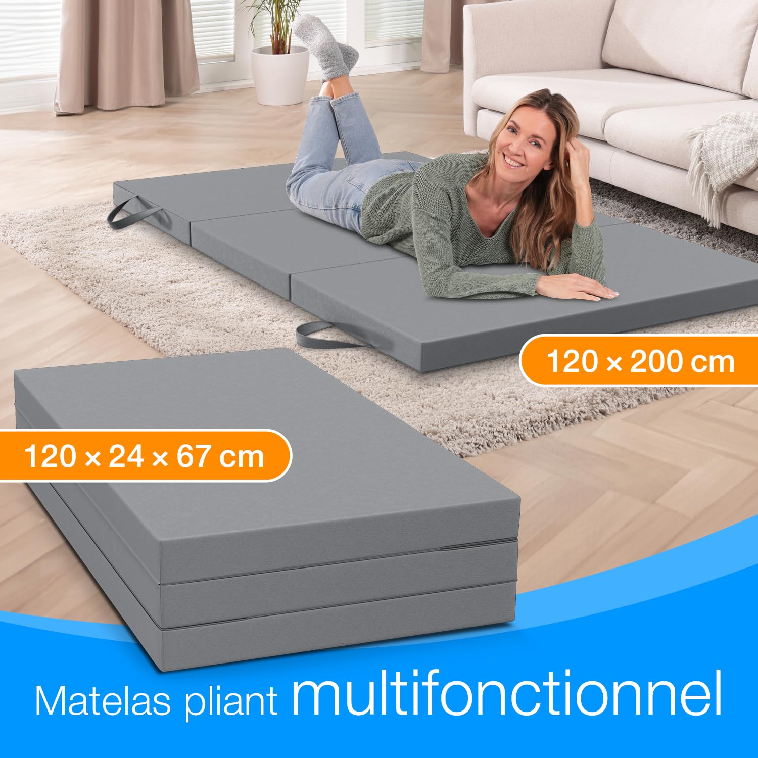 ELONEO Matelas Pliant pour 2 Personnes, 120x200 cm, épaisseur : 8 cm, idéal comme lit d’appoint ou Matelas de Voyage, Facile à Plier, utilisable comme lit d’appoint ou Cube d’Assise, Lavable, Gris