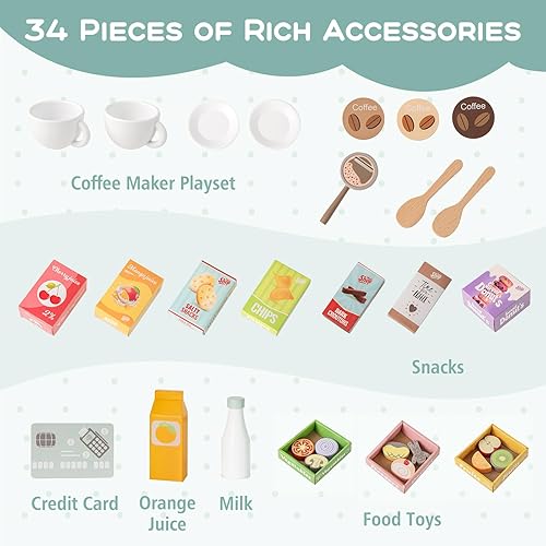 Miniatura 8 de Costzon Juego de tienda de comestibles para niños, tienda de juegos de madera con mostrador de pago, caja registradora, máquina expendedora,