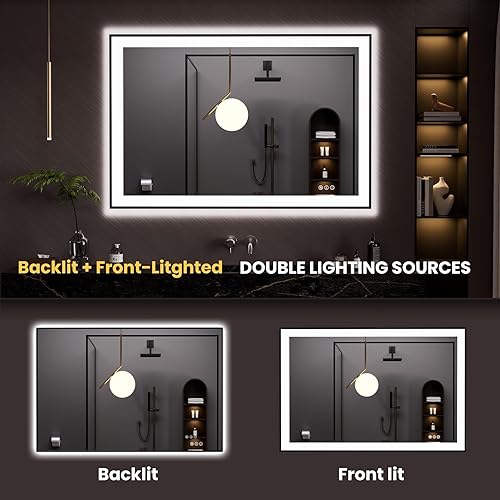 Miniatura 5 de LOAAO Espejo de baño LED de 48 x 32 pulgadas, marco negro, antiniebla, regulable, espejo de tocador de baño iluminado para pared, función de