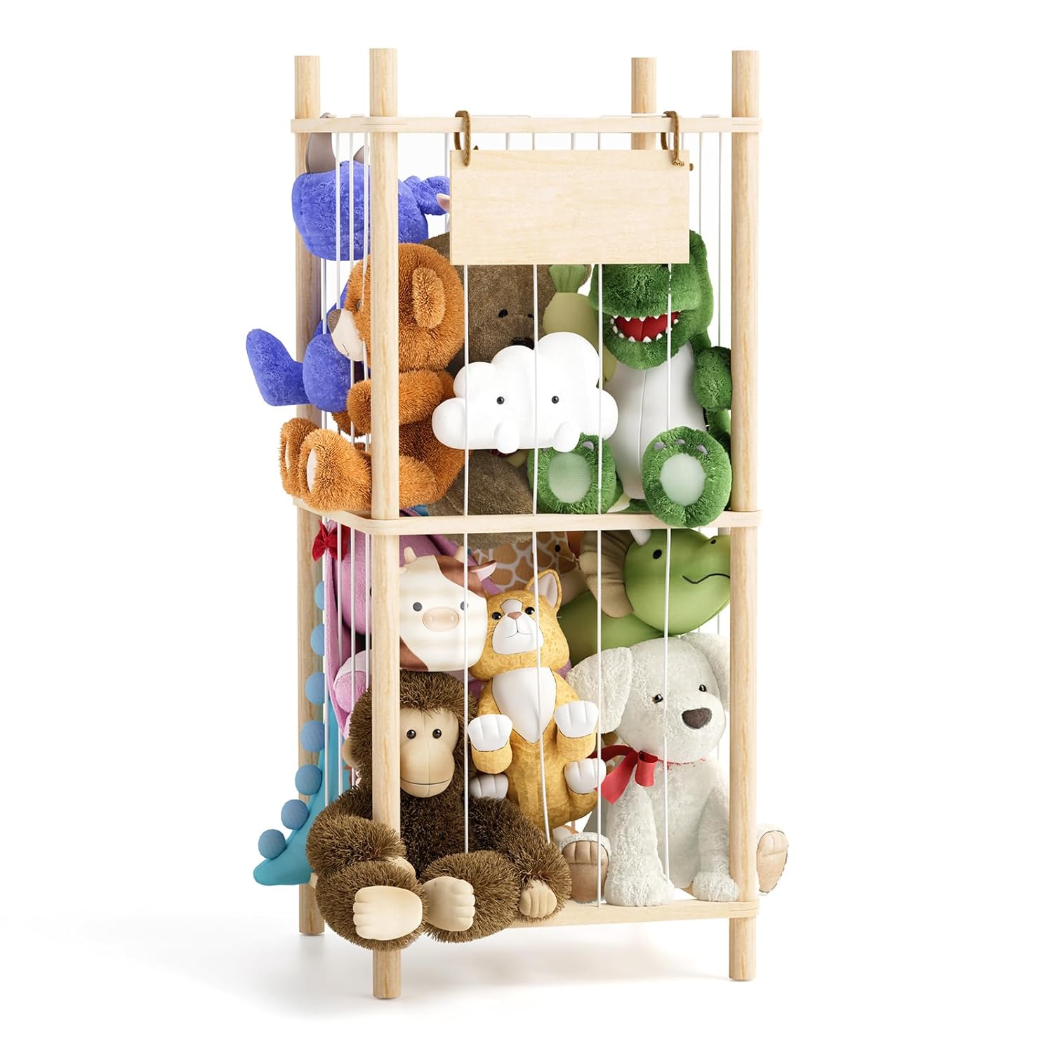 Almacenamiento de animales de peluche, organizador de animales de peluche de madera de 2 capas, contenedor de almacenamiento con banda elástica y