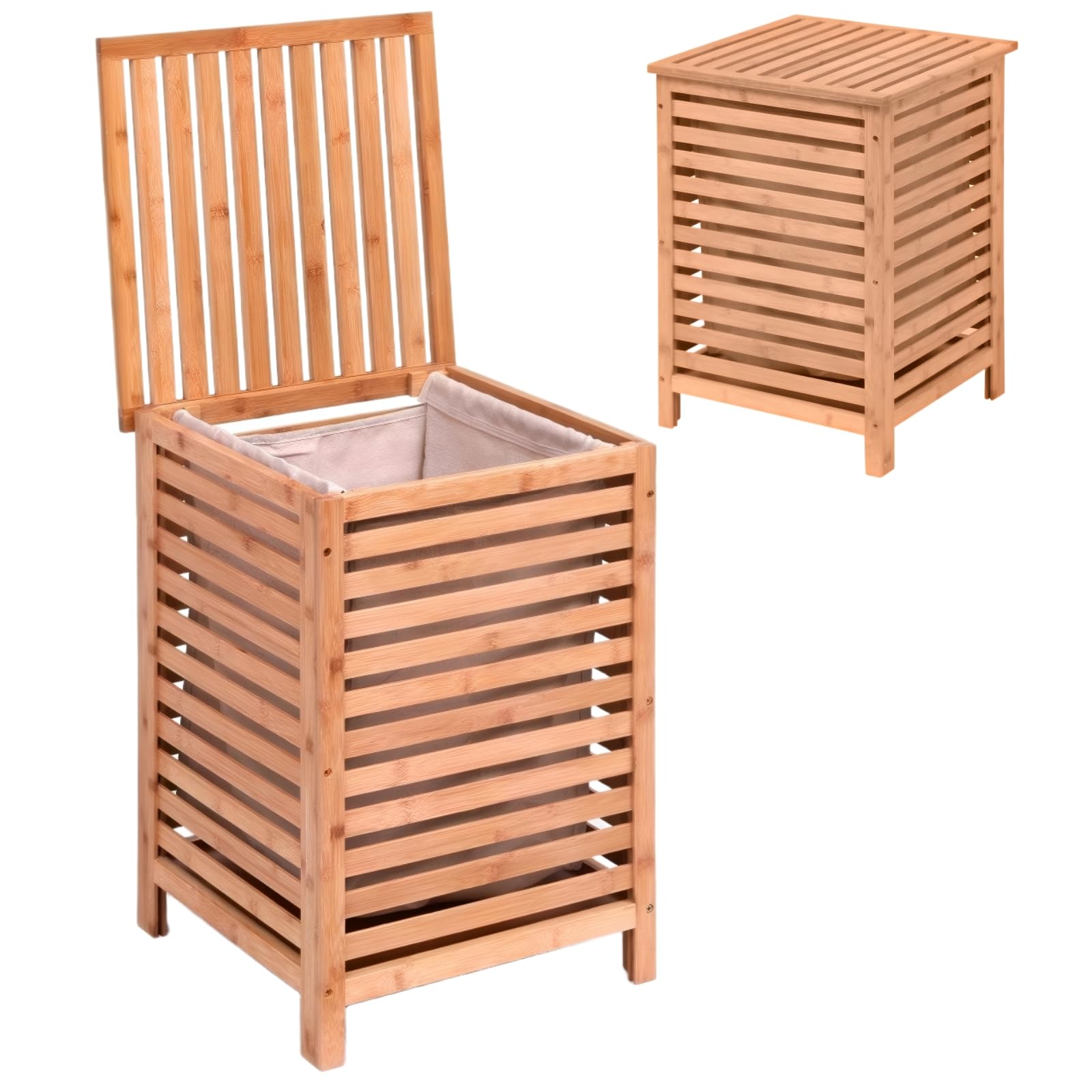 50L Bamboo Wooden Laundry Hamper with Lid, Wicker Laundry Organiser Washing Basket for Bathroom Corner Storage