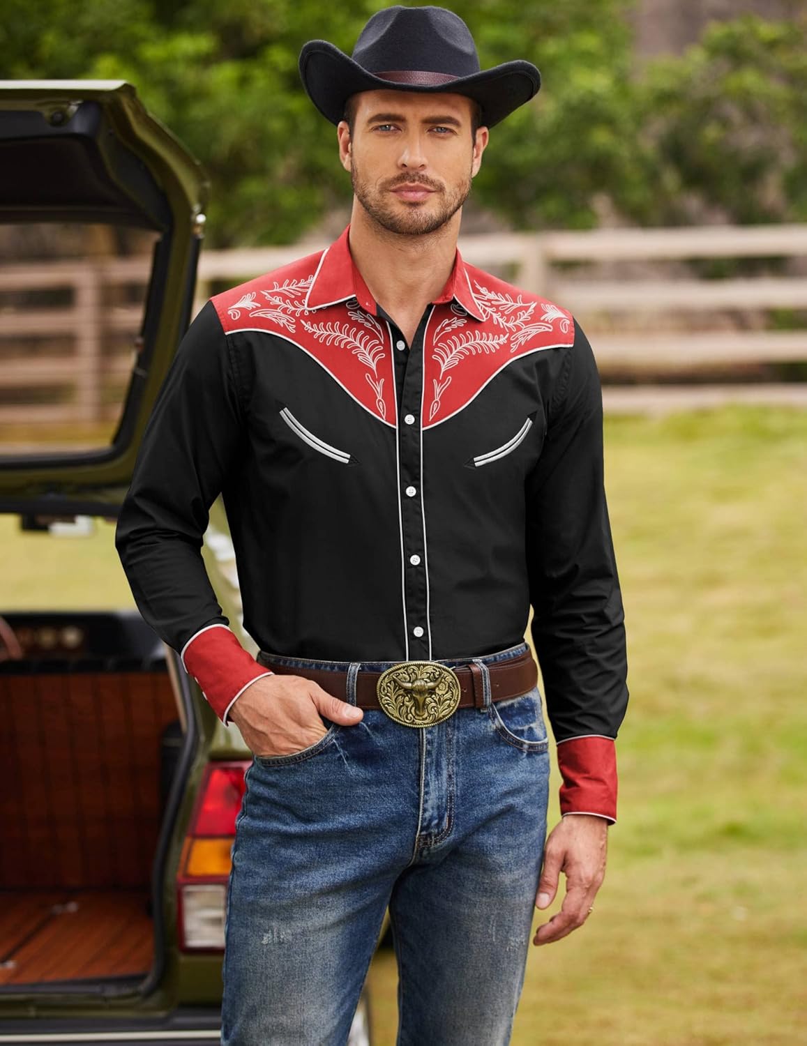 COOFANDY Men's Western Cowboy Shirt Casual Long Sleeve Button Down Cotton Shirts X-Large Cotton - Red & Black