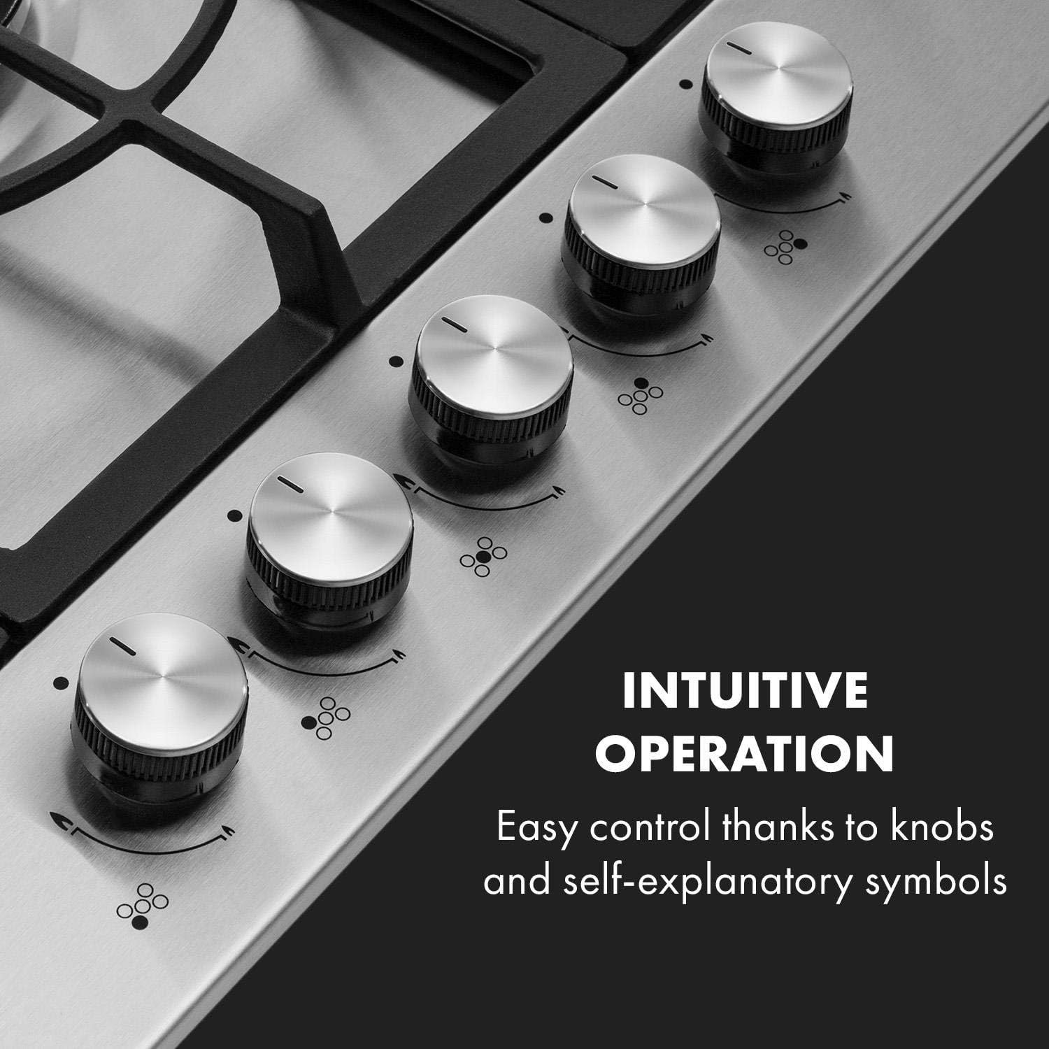 Klarstein Ignito 5-Zone Stainless Steel Gas Hob New Edition 5-Burner Self-Sufficient, 75 cm Sabaf Burner, Natural Gas / Propane Gas, Safe: Automatic Shut-Off, Cast Iron Pan Rack, Wok Attachment,