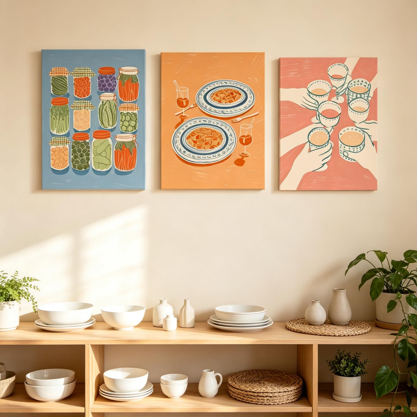 GFYJCKK 3er Küche Poster Set, Handgezeichnete Essen Wandbilder, Pasta Gläser Einmachglas Illustration, für Küche Esszimmer Leinwandbilder,Deko Bilder mit rahmen (40x50cm)