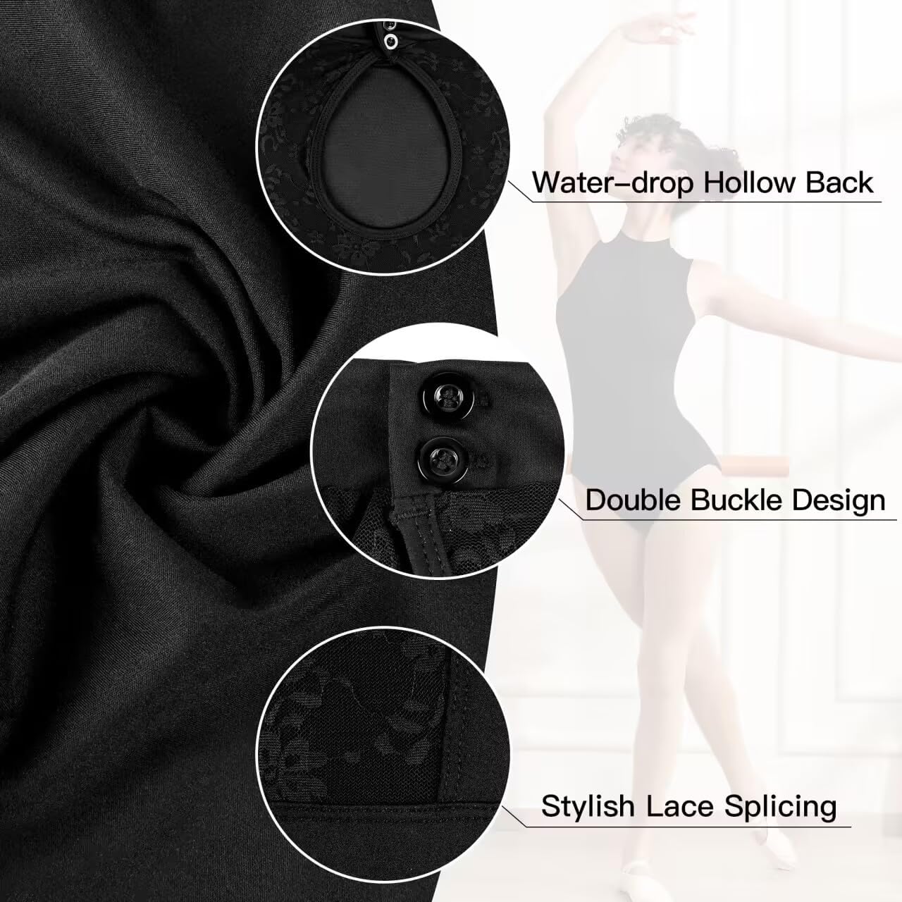 Women Turtleneck Ballet Dance Leotard Adult Black Tank, Gymnastic Dancewear, Chest Padding, Lace Hollow Back - Image 6