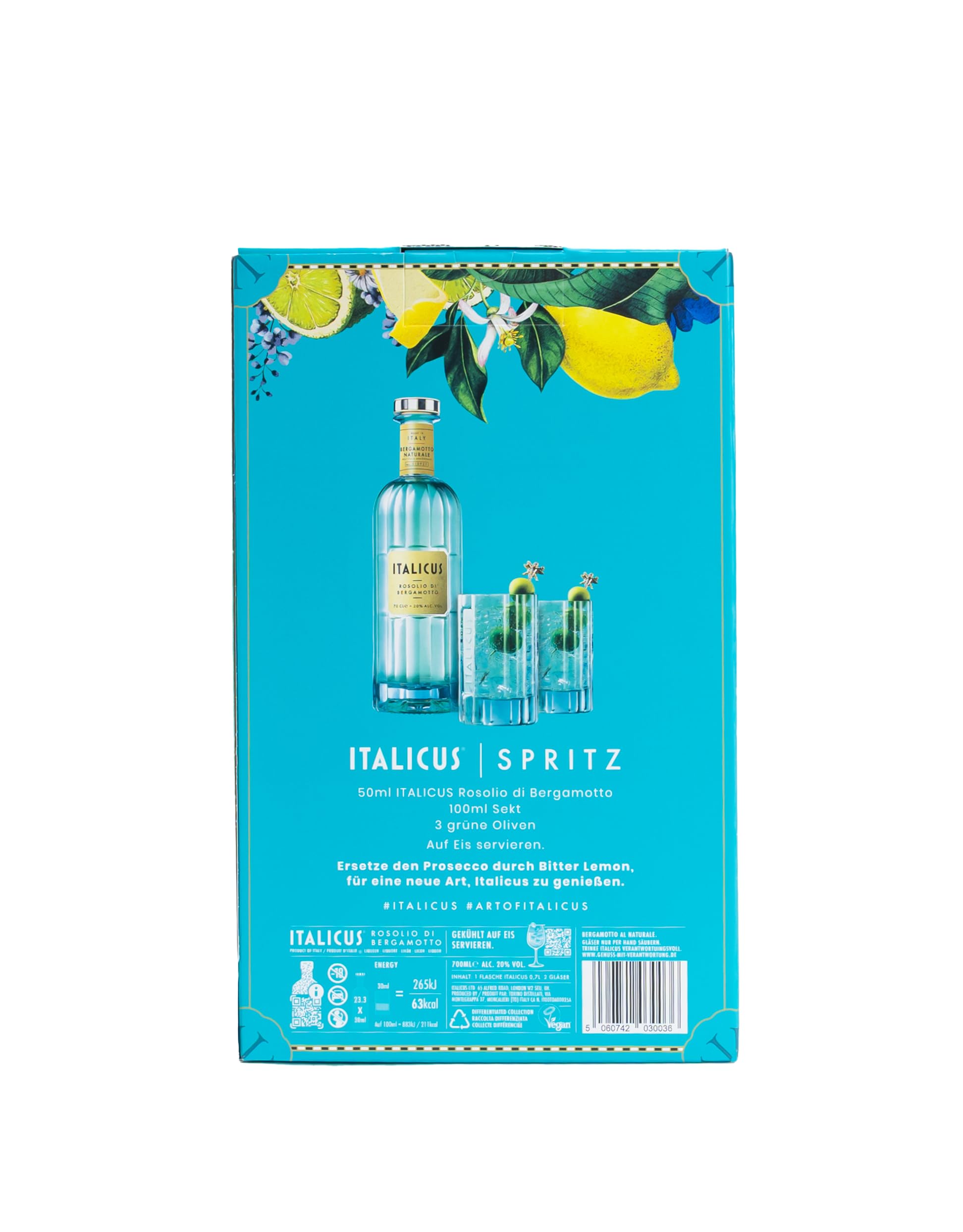 ITALICUS Rosolio di Bergamotto Likör, Geschenk-Set mit 2 Gläsern, Aperitif aus Bergamotte für Cocktails & Spritz, Premium Likör aus Italien, 1 x 0,7 L