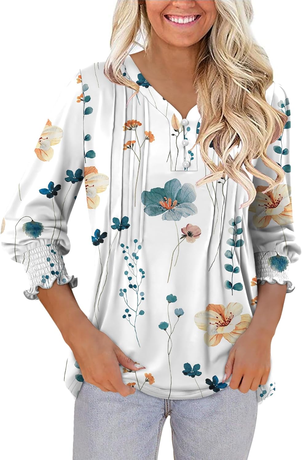 CRAZY GRID 3/4 Length Sleeve Womens Tops V-Neck Lace Tunic Button Down Business Casual Blouses Fall Trendy Outfits 2026 S-XXL - Image 3