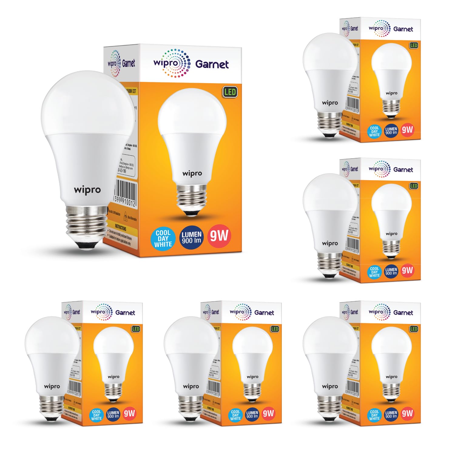 Wipro Garnet 9W LED Bulb for Home & Office |Cool Day White (6500K) | E27 Base|220 degree Light coverage |4Kv Surge Protection |400V High Voltage Protection |Energy Efficient | Pack of 6
