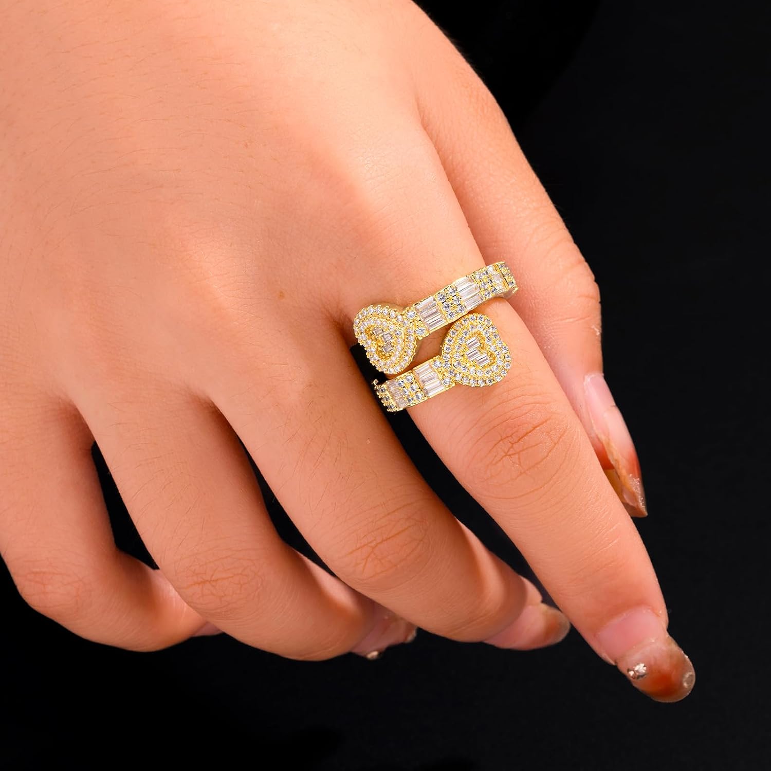 Iced Out Jewelry Baguette Cz Adjustable Heart Ring, All Match Bling Bling Dainty Gold Pinky Ring Party Rose Gold Love Men Women Luxury Jewelry