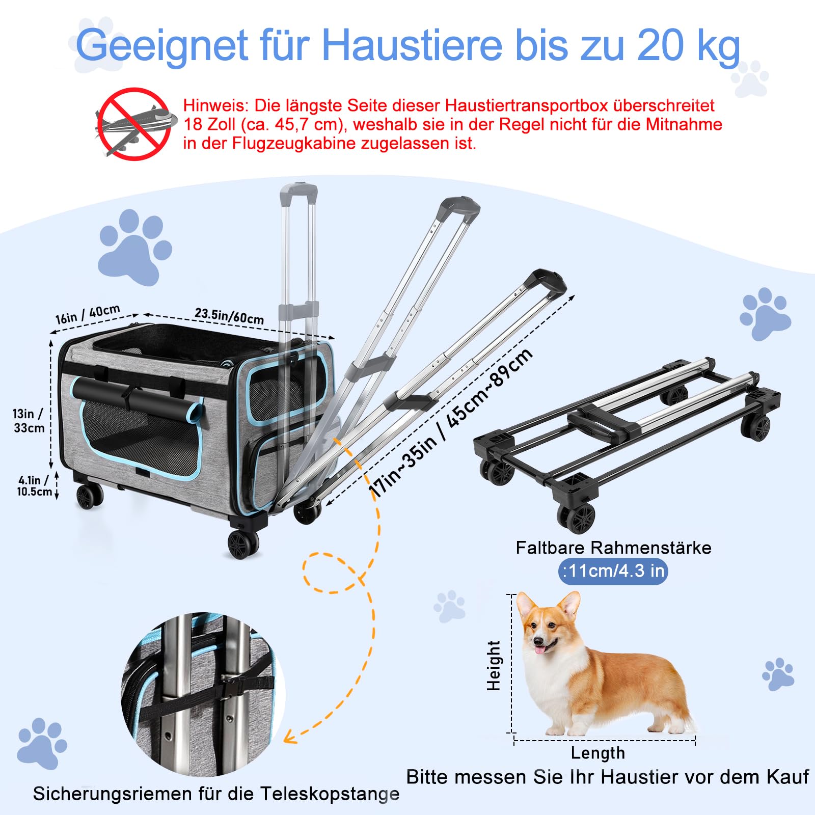Große Transportbox mit abnehmbaren Rädern, 2-in-1 faltbar, für Hunde & Katzen, Teleskopgriff, für Auto/Outdoor/Indoor, max. 20 kg (44 lbs), Nicht für Flugreisen