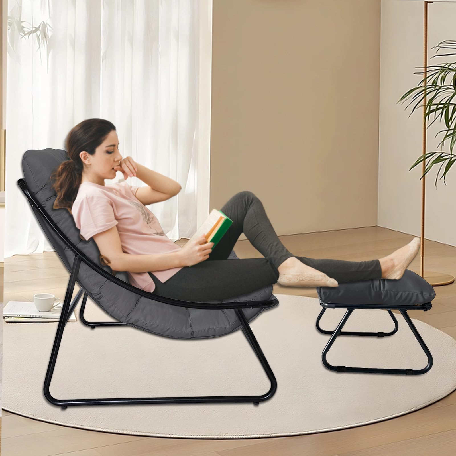 Sillón de salón para exteriores, sillón doble para exteriores, con cojín de 8 cm extraíble, tumbona de jardín para 2 personas, sillón de relax para jardín, terraza (negro/con 2 taburetes)