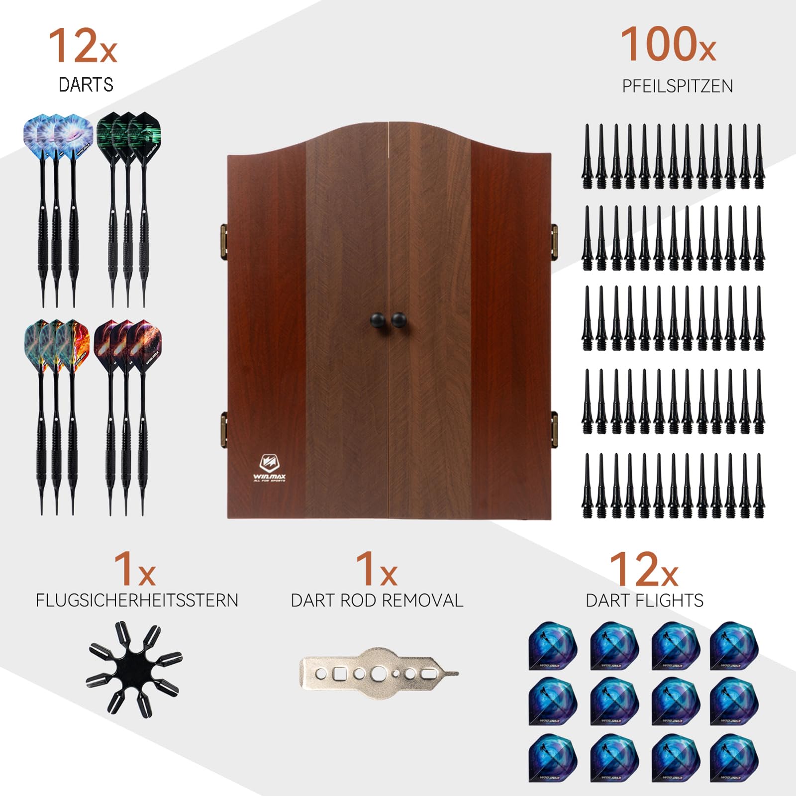 WINMAX Jeu de Flechette Electronique, Decorative Cible de fléchettes Armoire Offre 34 Jeux pour Un Maximum de 8 Joueurs, y Compris 12 flèches à Pointe Douce
