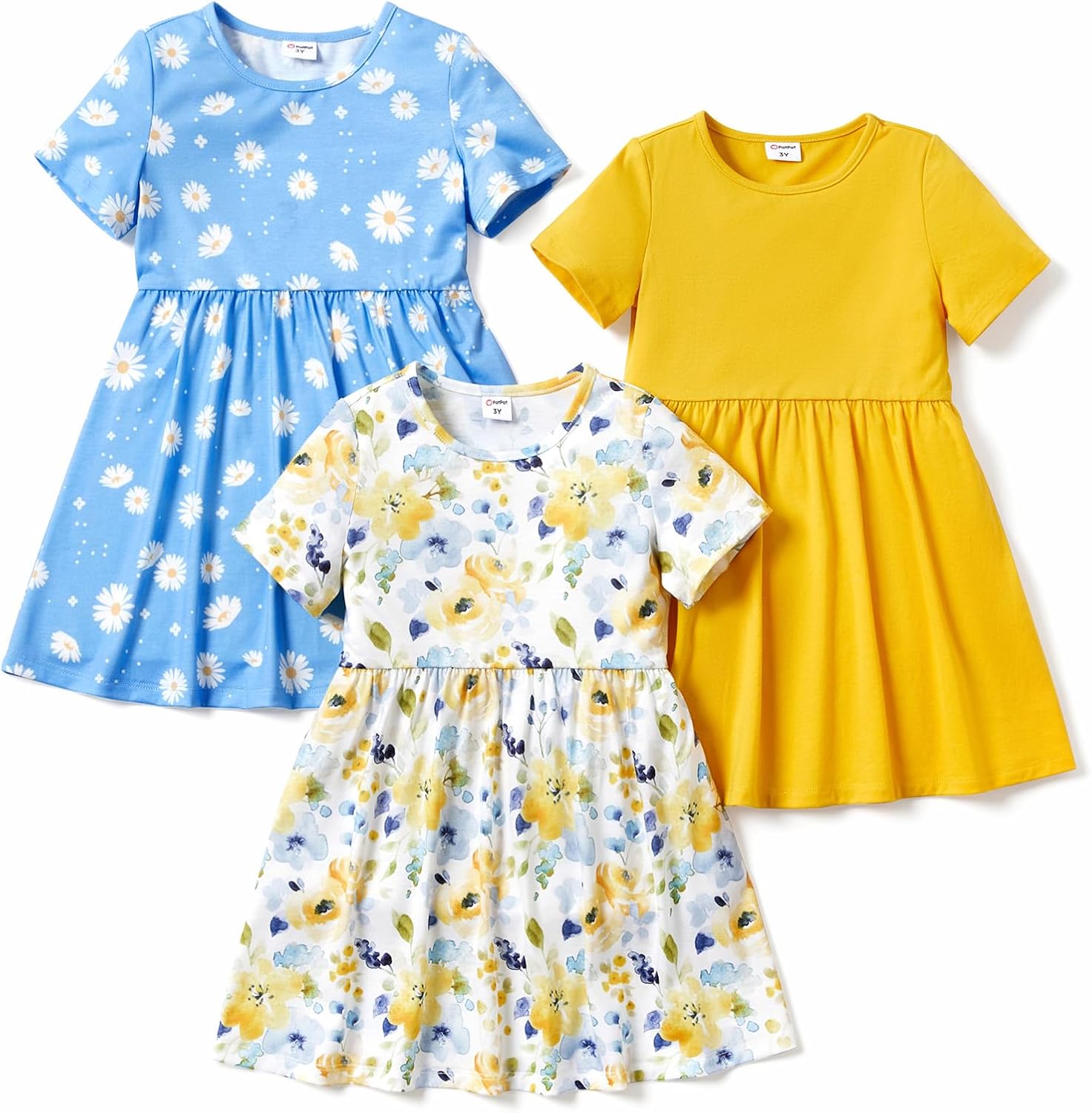 PATPAT Toddler Girl Floral Skater Multipack Dresses 3-Pack Polka Dots Short Sleeve Priness A-line Dress