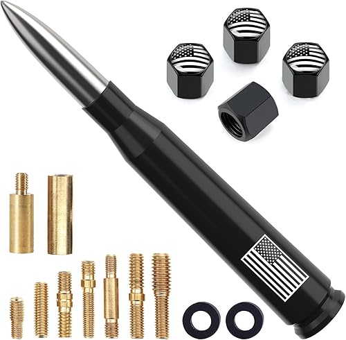 Miniatura 24 de Antena de camión para automóvil con tapas de válvula de neumáticos, bandera estadounidense, repuesto corto universal para GMC Sierra, Chevy