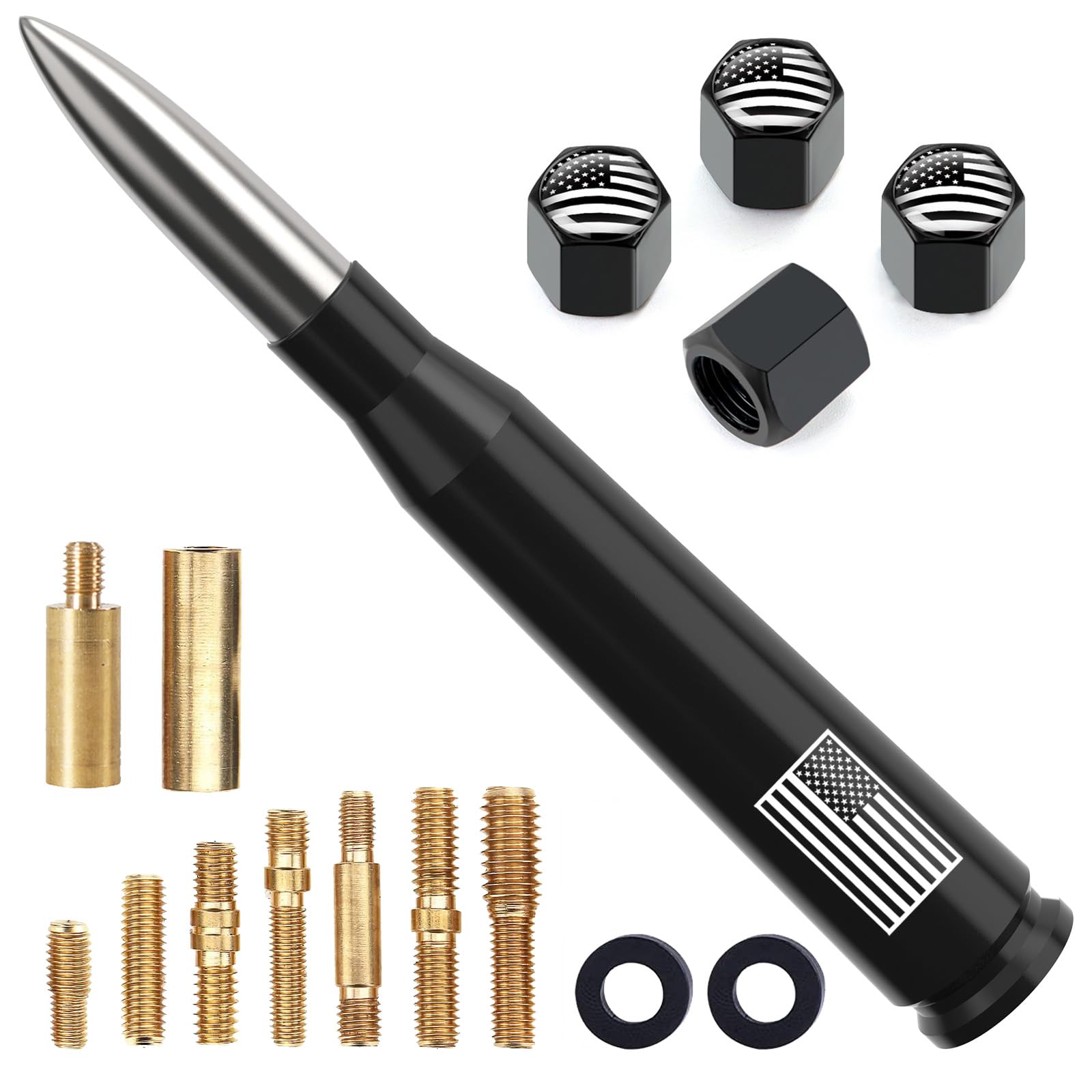 Car Truck Antenna with Tire Valve Caps American Flag Universal Short Replacement for GMC Sierra Chevy Silverado Dodge Ram 1500 2500 3500 Ford F150 F250 F350 Super Duty Raptor Accessories, Silver