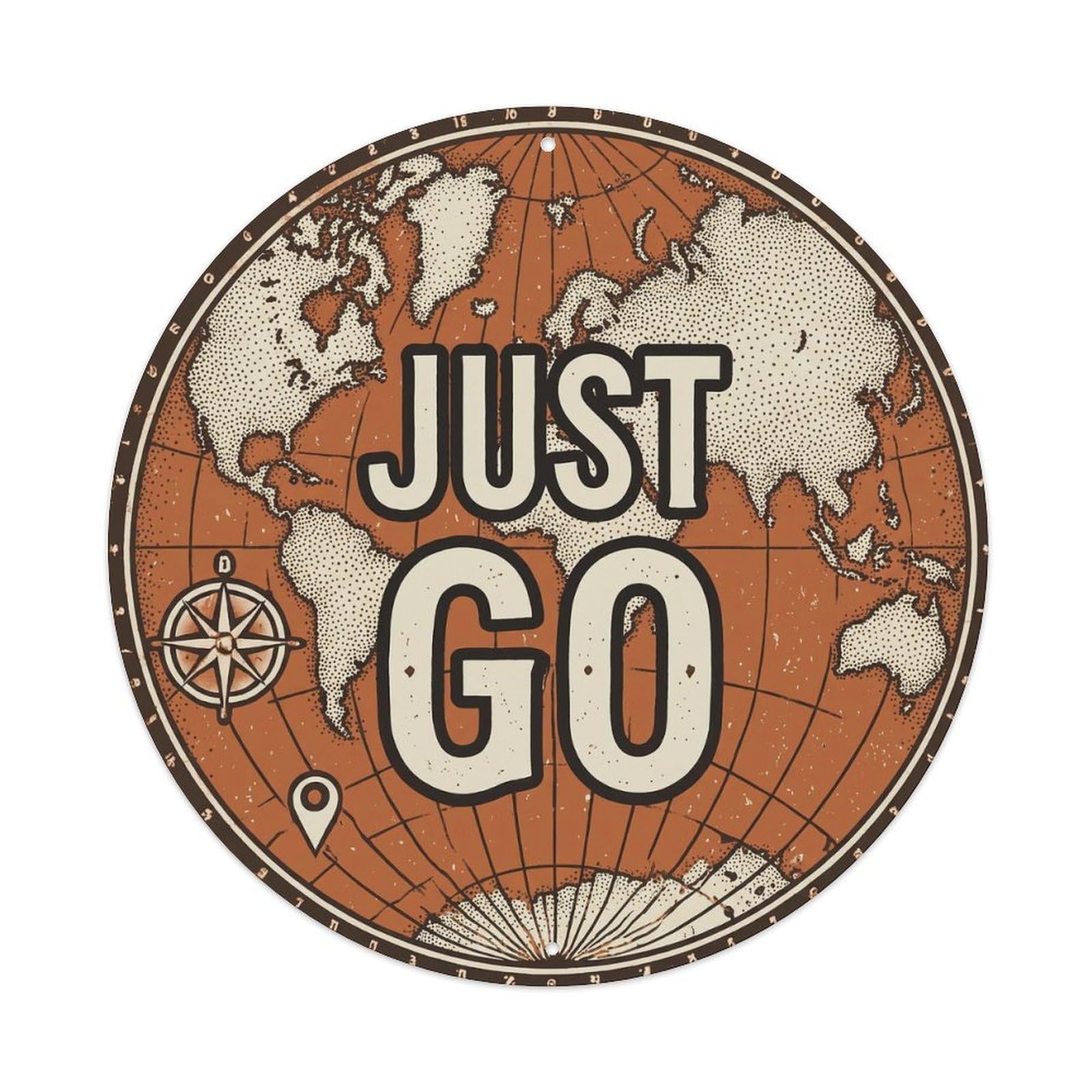 Vintage World Map with Compass Just Go Roam Free Metal Tin Sign