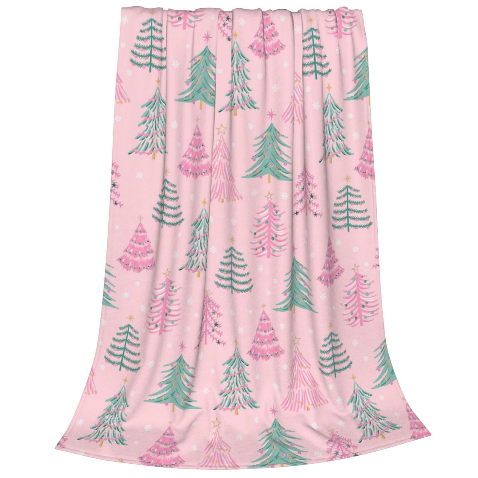 Pink Green Christmas Xmas Tree Blanket for Women, Cozy Warm Lightweight Anti-pilling Throw Blanket, Cute Soft Winter Snowflake Flannel Fleece Blanket for Bed Couch Sofa Girl Gift Decor 200X150 cm