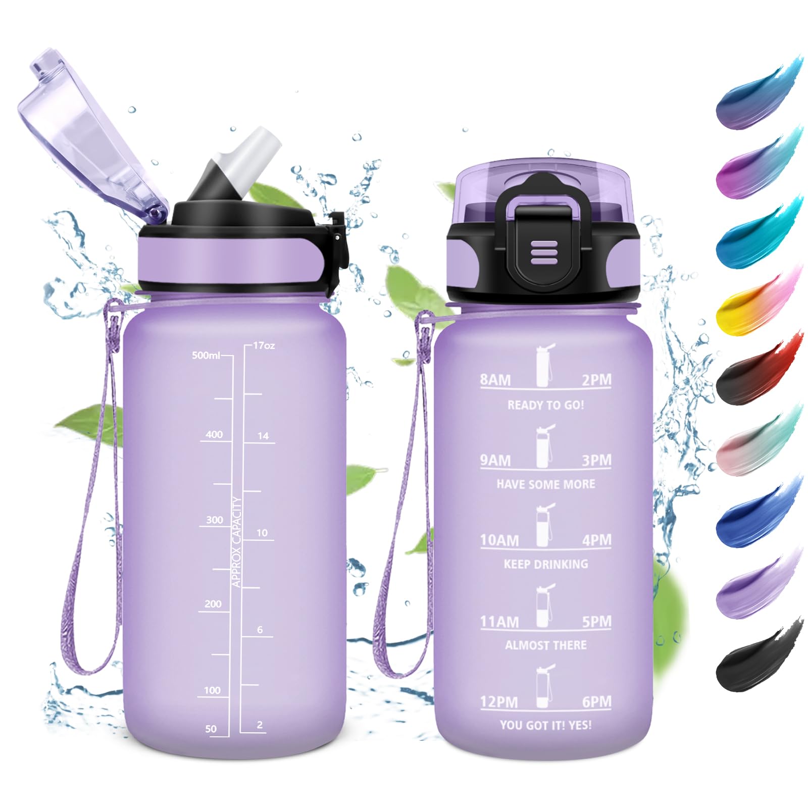Children's Water Bottle, 500 ml, Water Bottle with Straw, Leak-Proof Drinking Bottle, Suitable for Carbonated Drinks, Motivational Water Bottle with Time Marking, for Gym, School, Camping, Children,