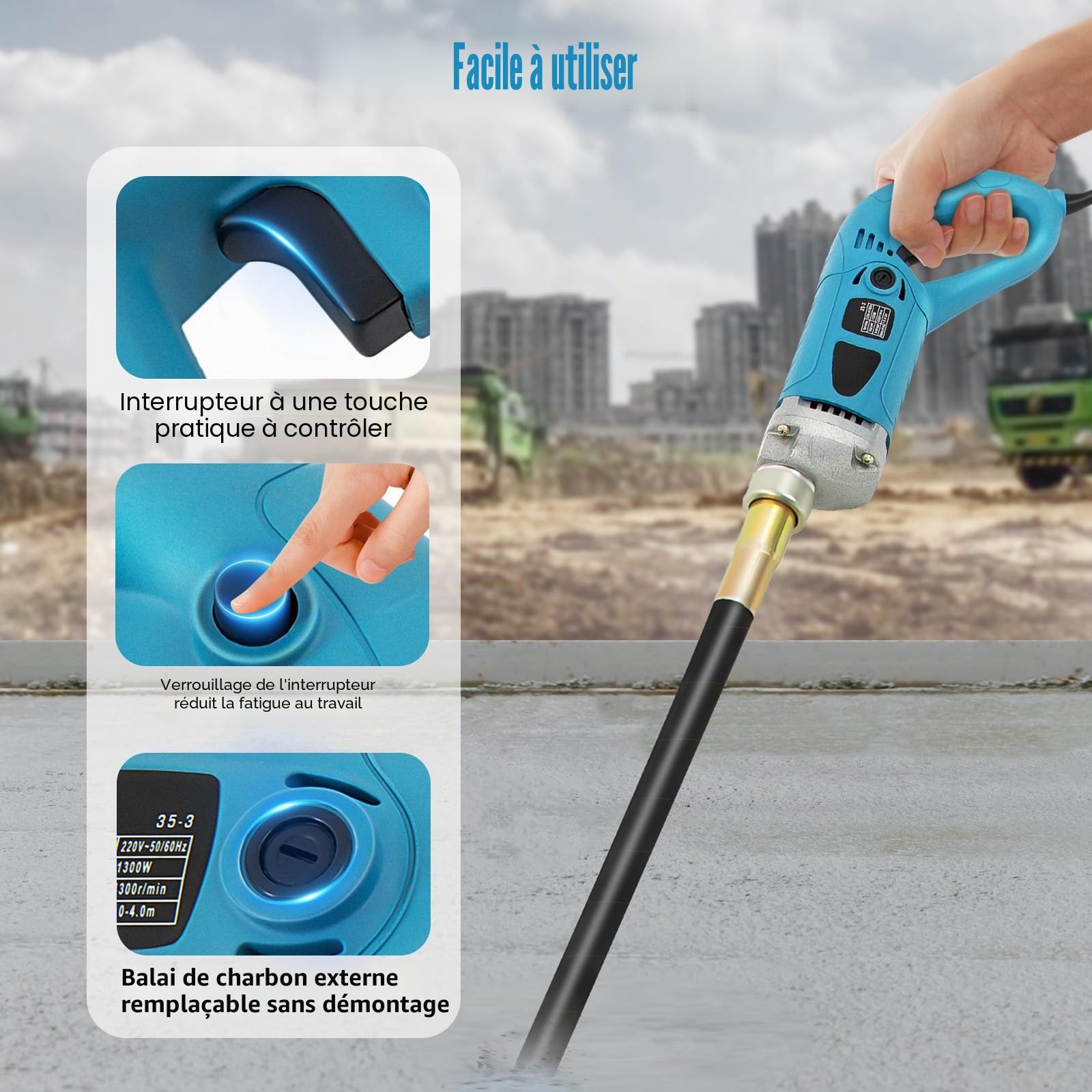 Vibrateur à béton, 850 W/1300 W bétonnière, vibrateur pour ciment, vibrateur pour carrelage, avec tuyau, tuyau de 1,5 m (1300 W)