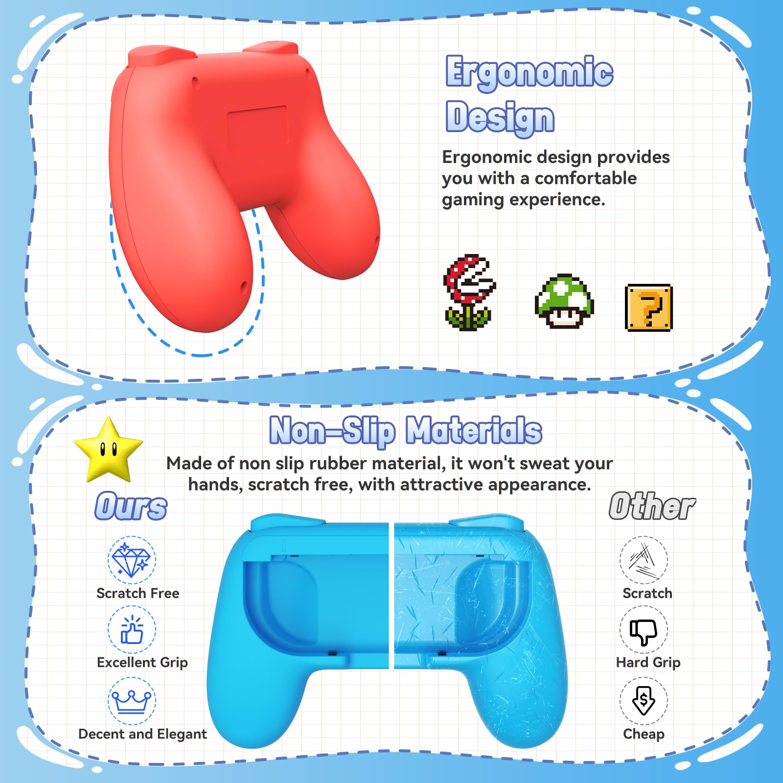 FASTSNAIL Lot de 4 Poignées Compatible avec Nintendo Switch&OLED, Grip Compatible avec JoyCon Interrupteur avec 12 Capuchons de Préhension pour Pouce(Noir, Bleu et Rouge)