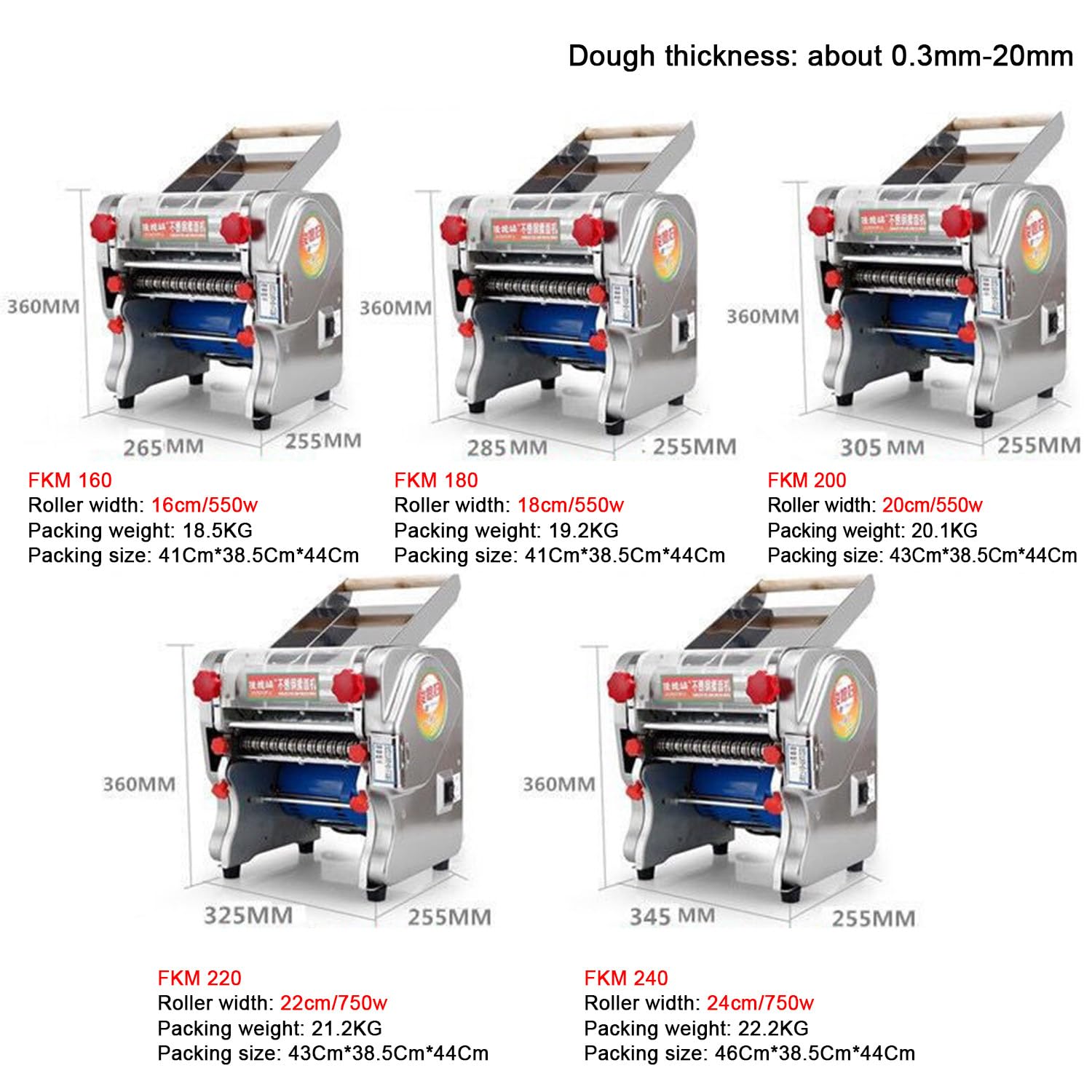 Máquina de Pasta Eléctrica Comercial Laminadora de Masa Eléctrica, 550W/750W 2 Juegos de Cuchillos, 0.3-20mm Grosor Ajustable, para Catering Doméstico, Acero Inoxidable FKM240