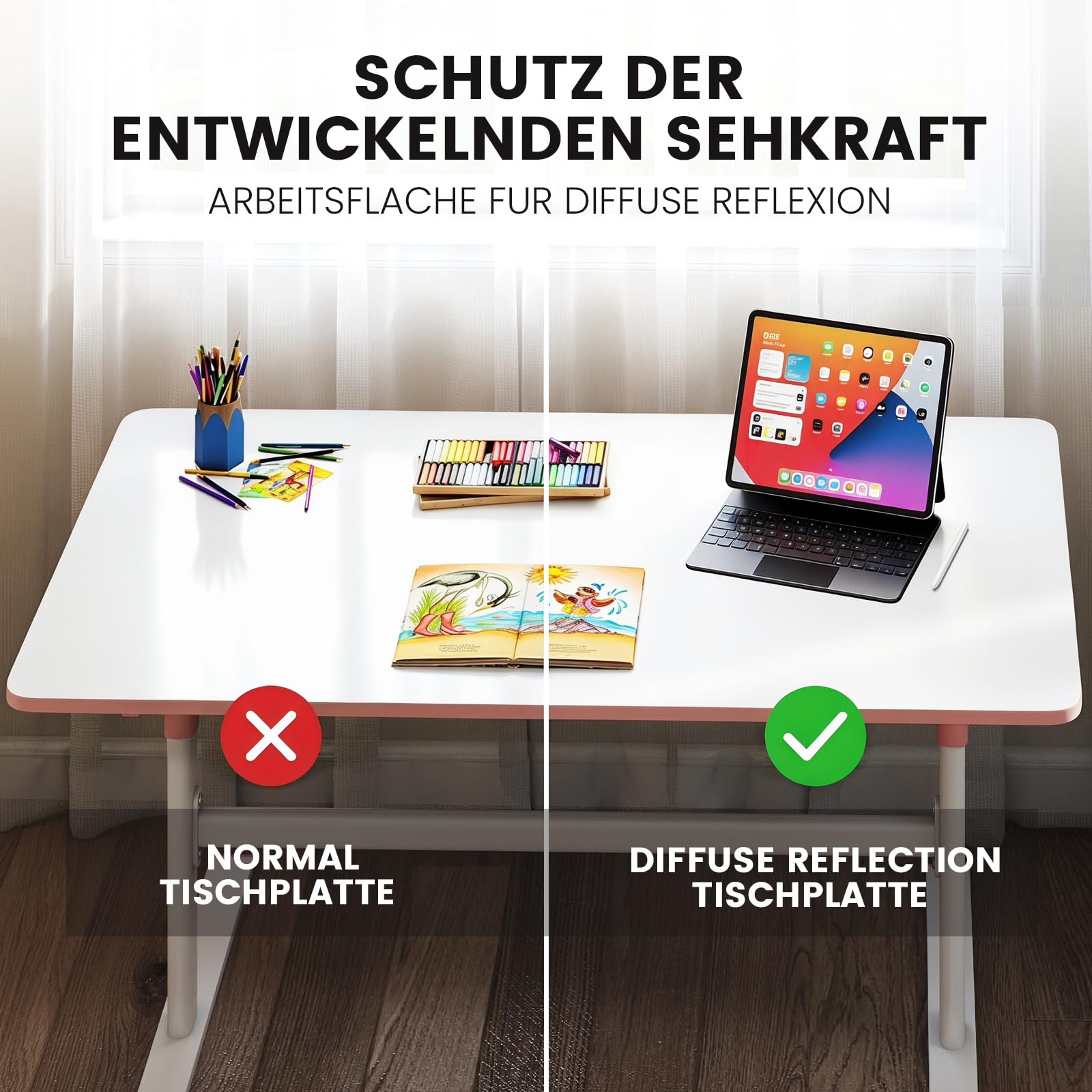 JOYLDIAS Kinderschreibtisch höhenverstellbar 110×60 cm, Rosa | Tischplatte mit Kurbel, blendfreie Oberfläche, Einklemmschutz, abgerundete Ecken