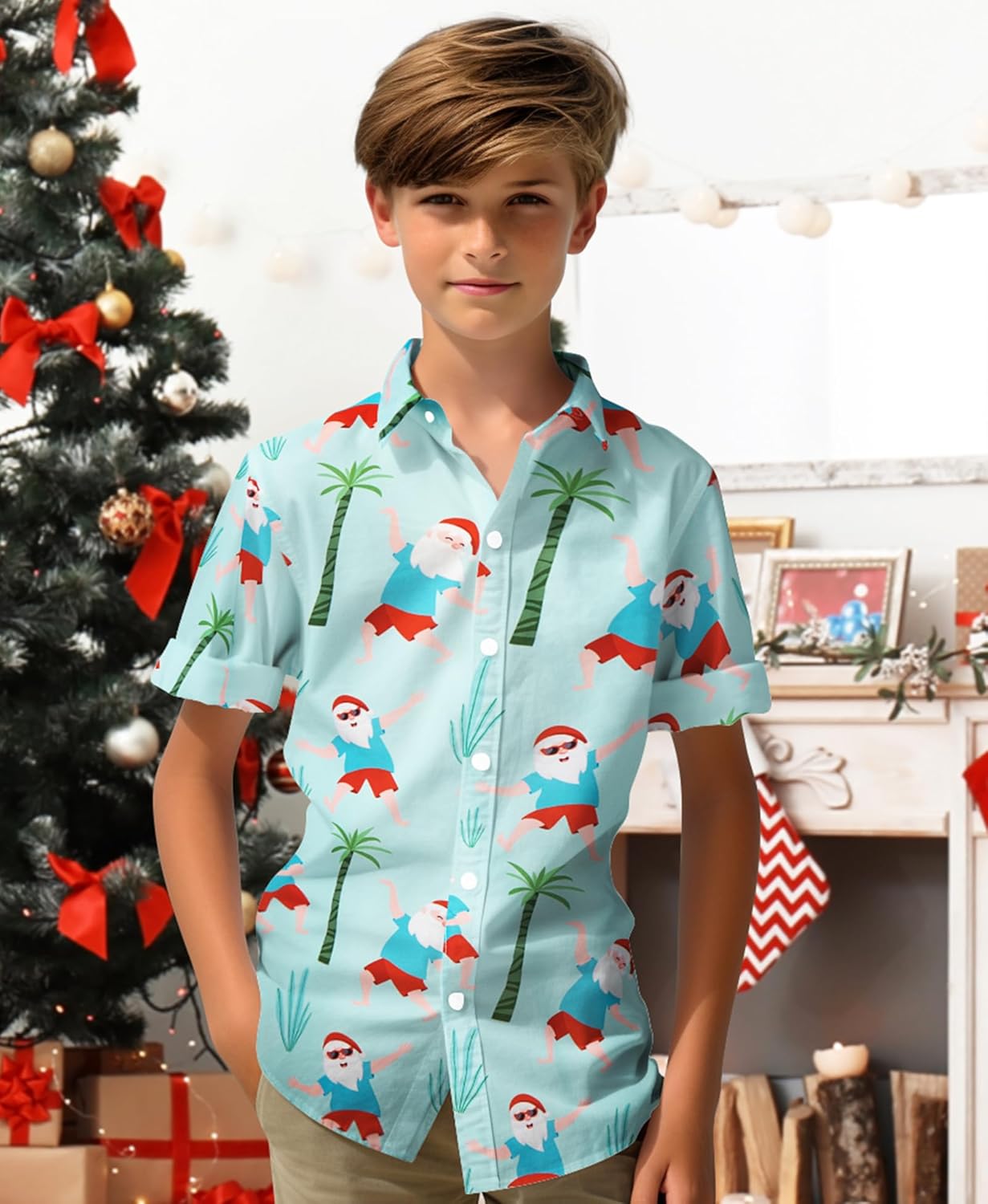 Yoimira Hawaiian Shirts for Boys, Button Down Short Sleeve Tropical Print, Kids Summer Beachwear Tops 7-14 Years - Image 4