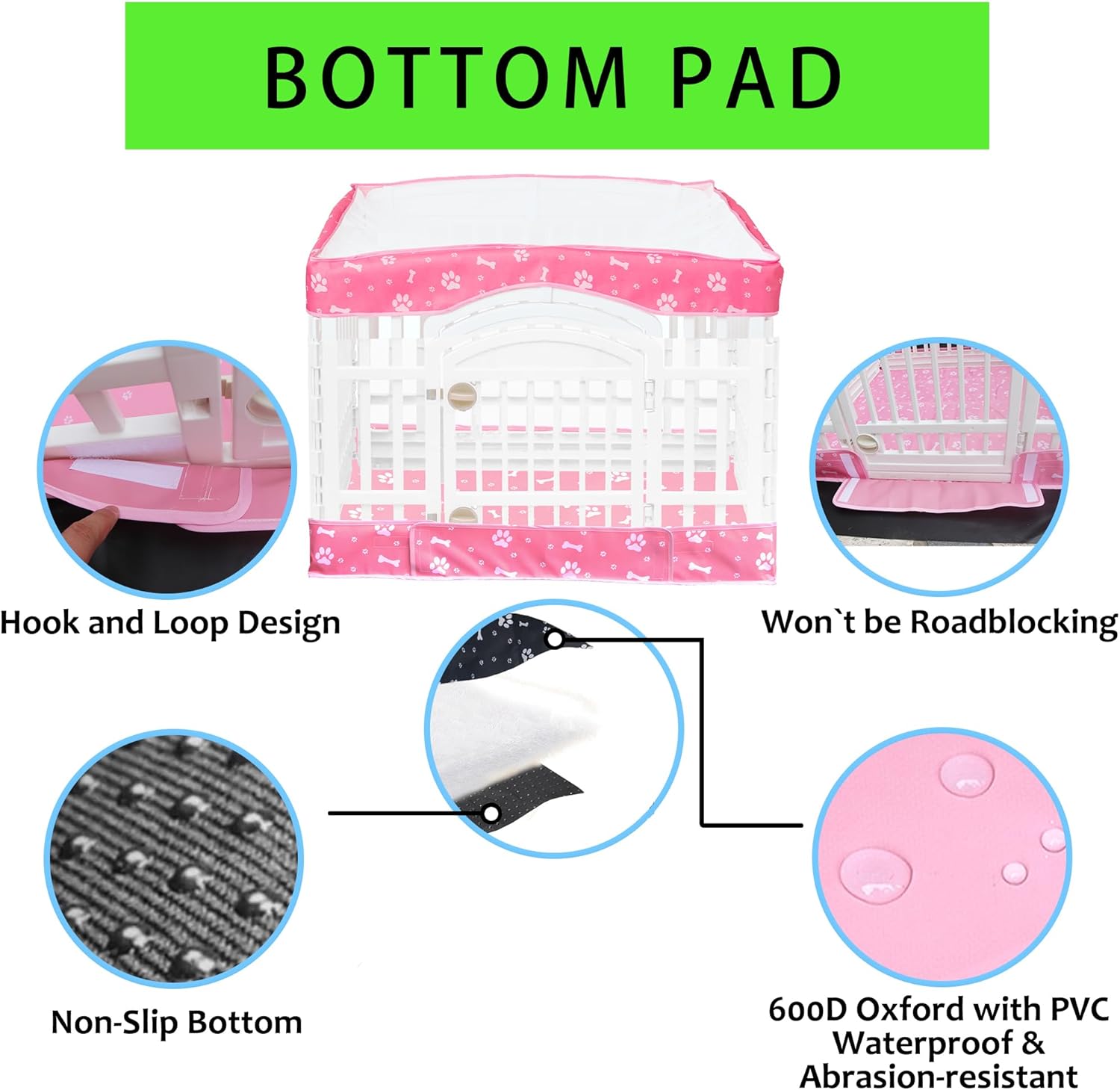 2 Pack Dog Playpen Cover and Bottom Pad Fits for 36 Inch 4 Panels Pet Playpen, Dog Crate Pad Puppy Play Pen Cover, Hoop and Loop Design (Note: Playpen Not Included). -Pink