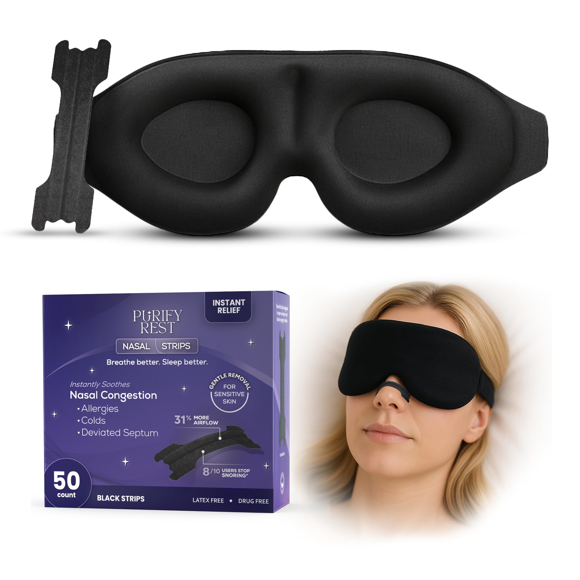 Purify Rest Sleep Mask & Nasal Strips Bundle | Soft Light-Blocking Eye Mask + 50 Drug-Free Nasal Strips for Snoring Relief | Comfortable Fit | Breathe