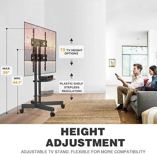 Miniatura 2 de Soporte de TV móvil con ruedas para pantallas planas LCD LED 4K de 32 a 80 pulgadas con ruedas, carrito de TV ajustable en altura con estante para