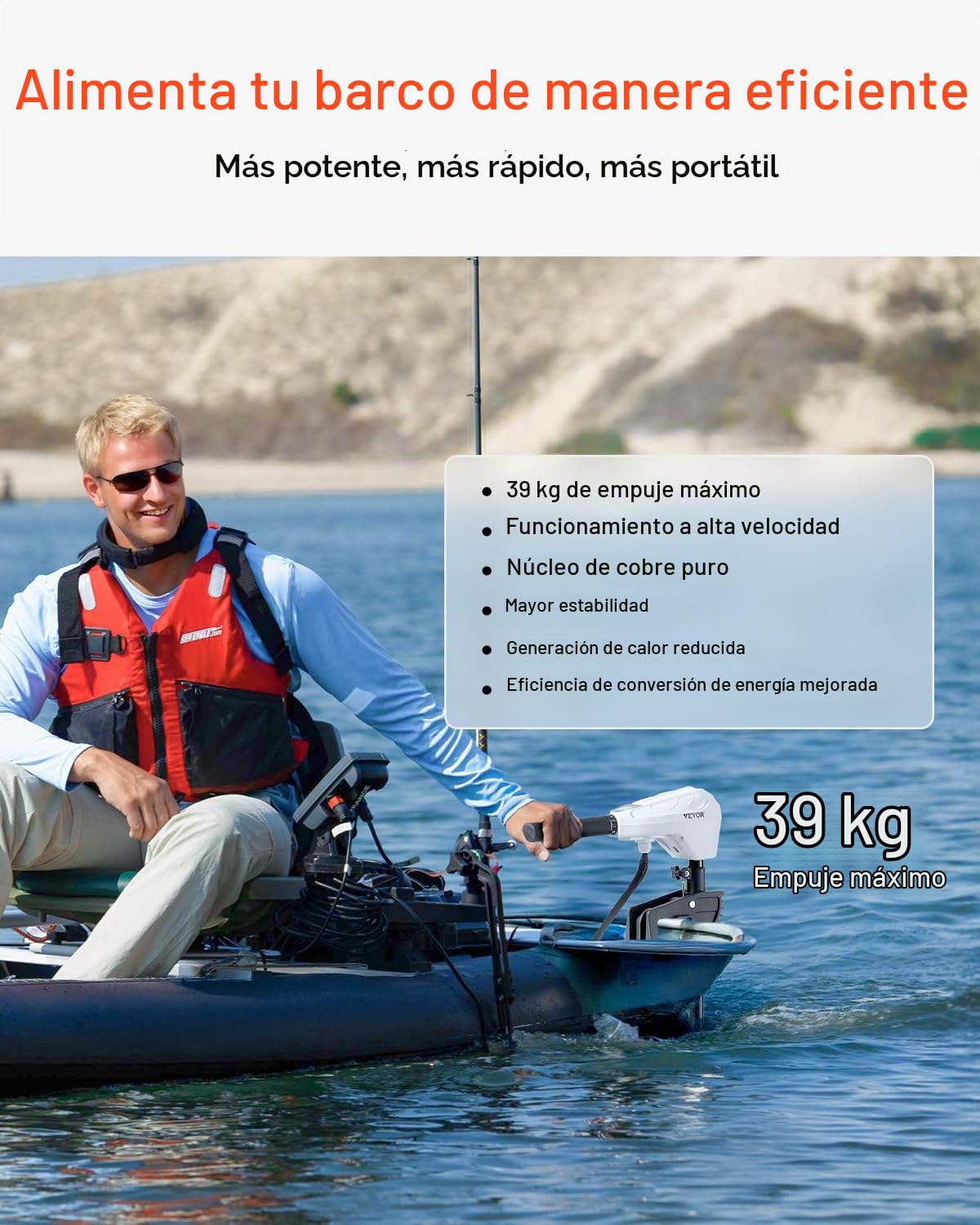 VEVOR Motor Eléctrico de Arrastre 39 kg de Empuje Motor Fuerabordas para Barco Montado en Espejo de Popa 24 V Eje de 91,5 cm 8 Velocidades con Indicador de Batería para Kayaks en Agua Dulce Salada
