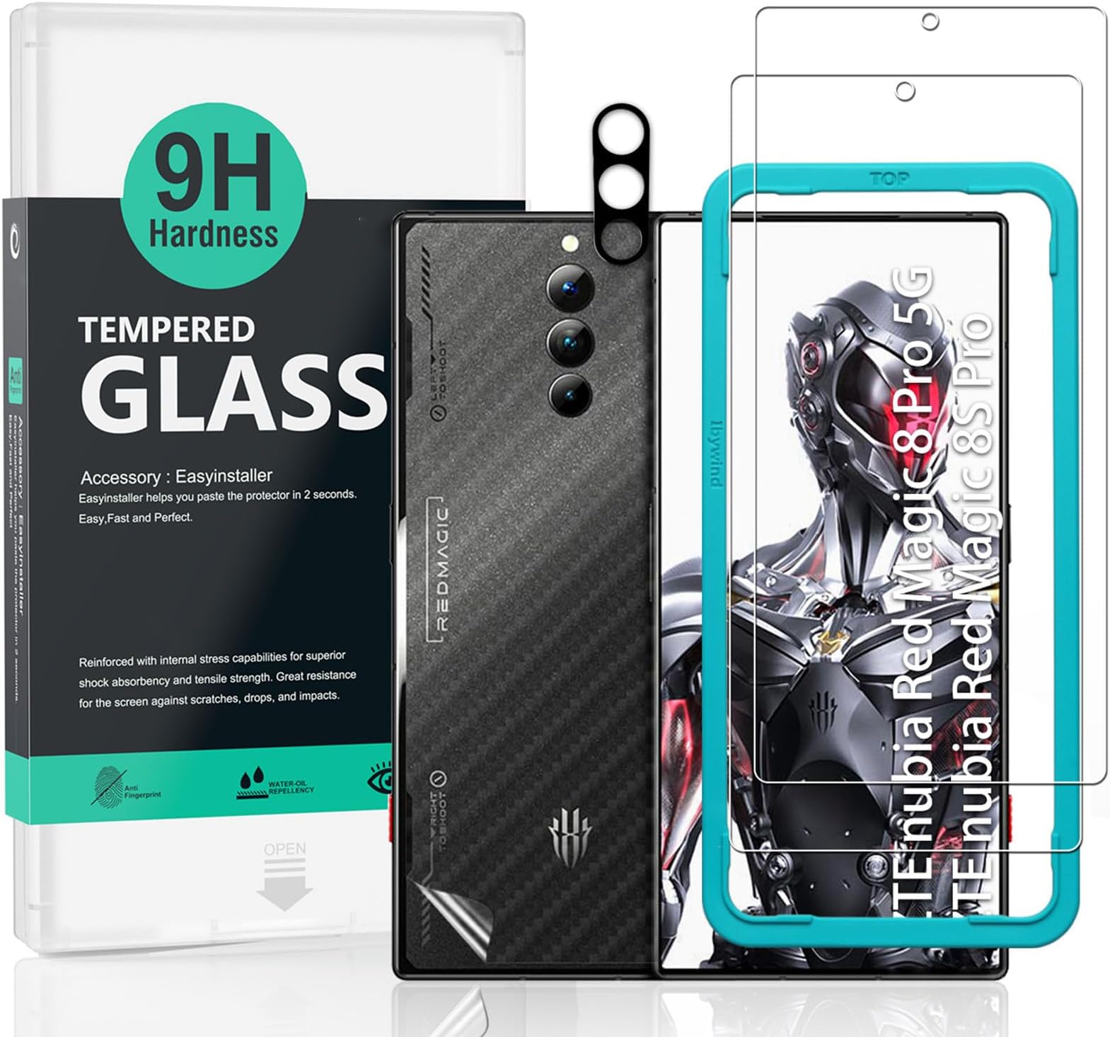 Screen Protector For ZTE nubia Red Magic 8 Pro 5G/Red Magic 8S Pro(6.8"),with 2Pcs Tempered Glass,1Pc Camera Len Protector,1Pc Backing Carbon Fiber Film[Fingerprint Reader,Easy to install]