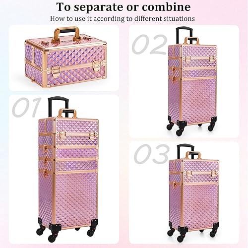 Miniatura 2 de Maletín de tren de maquillaje rodante, carrito de cosméticos de gran capacidad, 4 en 1, estuche de viaje de maquillaje con ruedas giratorias para