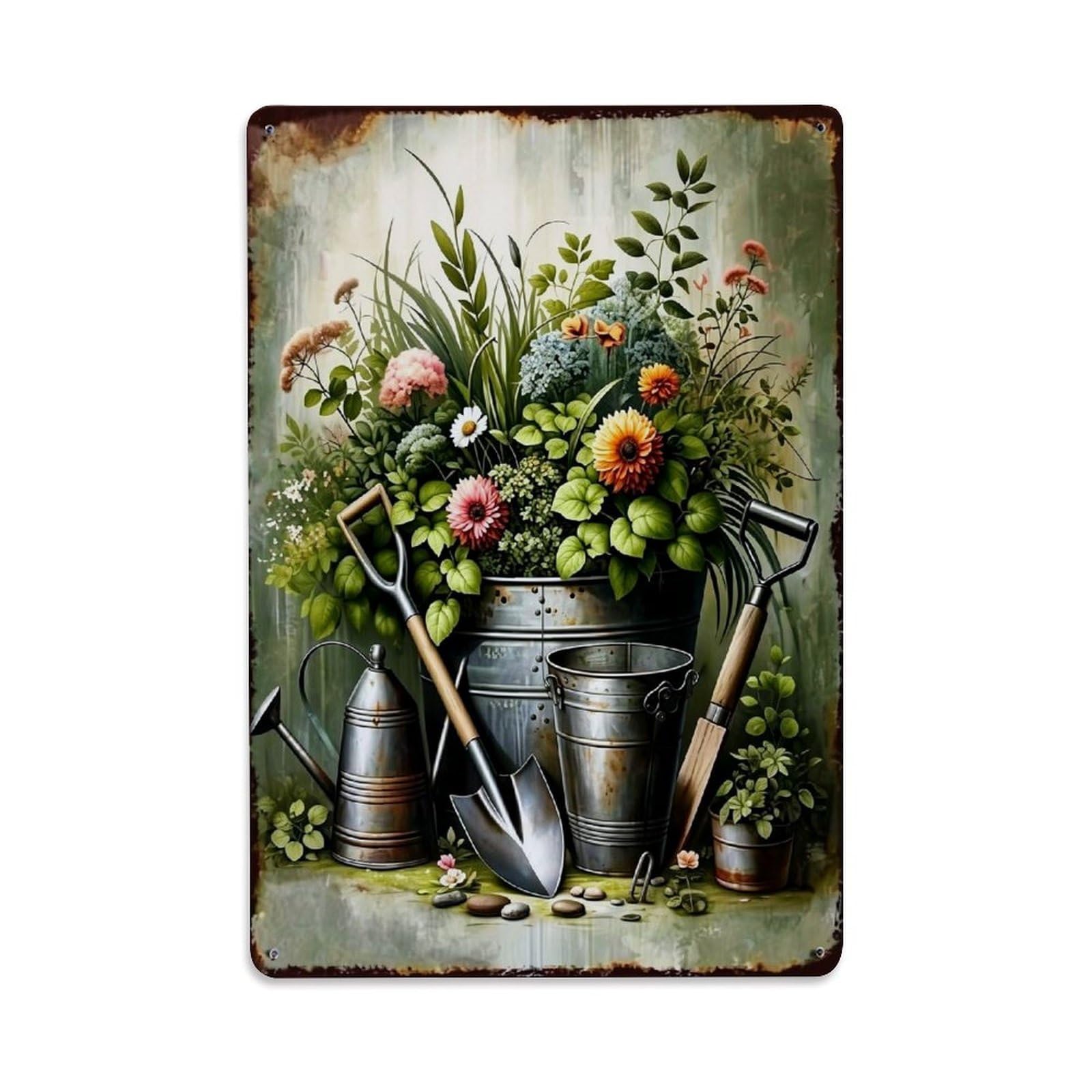 Jdfenggu Vintage Garden Tools And Flowers Arrangement Retro Metal Tin Sign, Decor Art Poster For Bar, Home, Man Cave, Kitchen, Laundry Room Gift 8X12inch