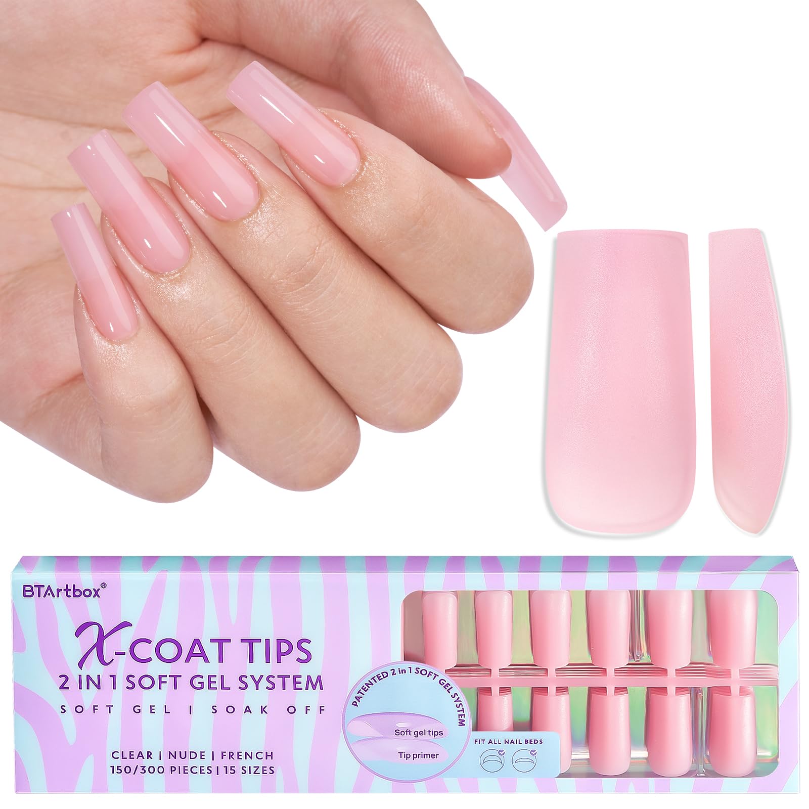 BTArtbox Soft Gel Nail Tips Square - XCOATTIPS Press On Nails Colored Pre-applied Tip Primer, One-Step Full Cover Fake Nails Gel Nails for Nail Extensions Art