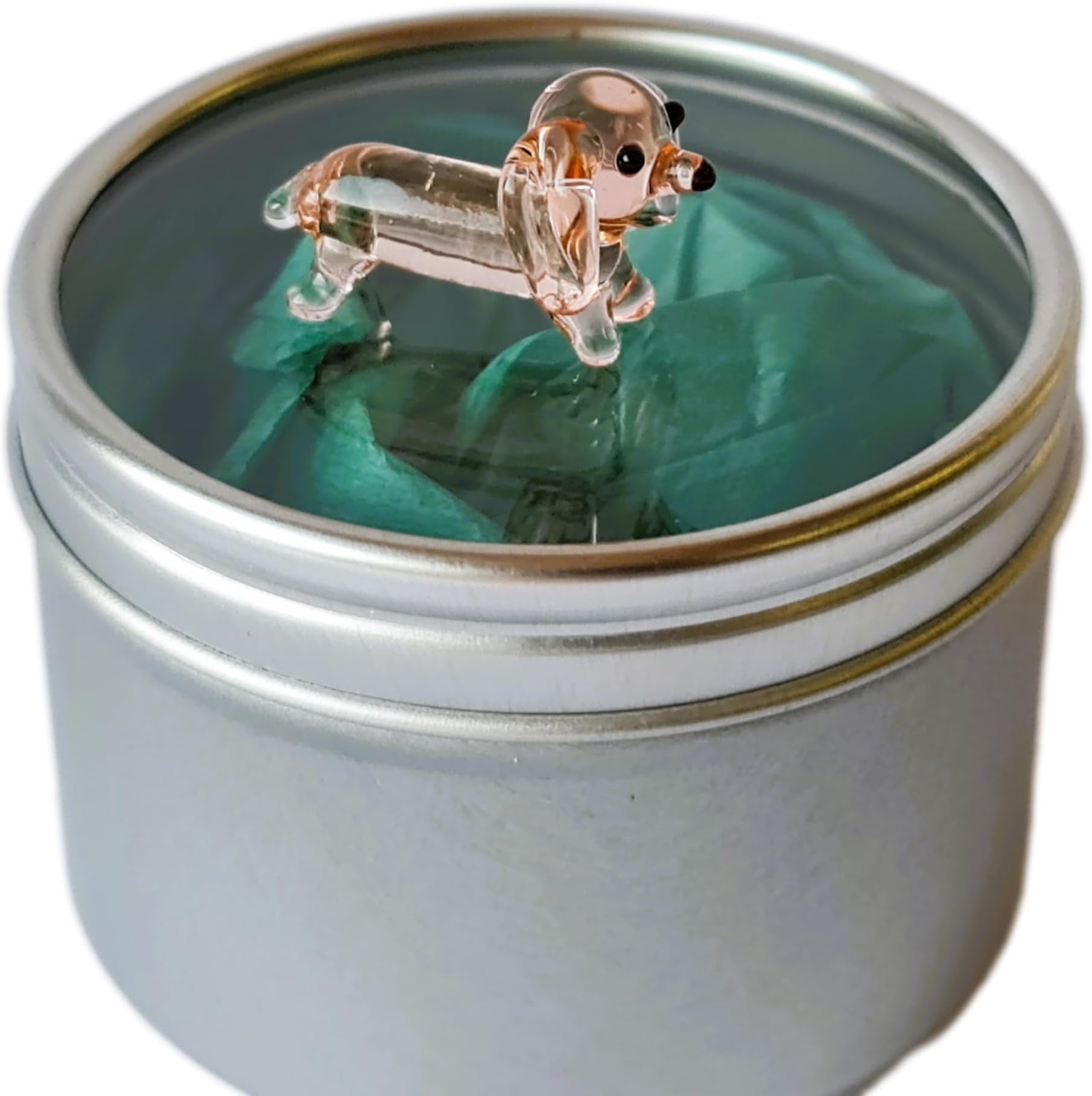 Mini Dachshund Puppy in a Tin - Cute Little Glass Animal Sausage Dog - Silver Gift Tin - Miniature Figurine for Dog Lovers - Small Decoration Ornament - Home Decor