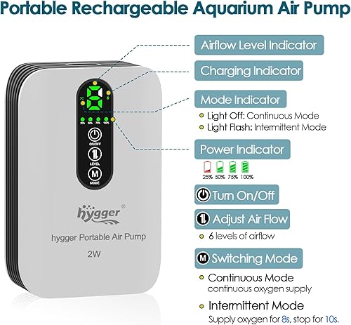 Miniatura 2 de hygger Bomba de aire de acuario alimentada por batería, aireador recargable por USB para cubo de cebo, flujo ajustable silencioso, bomba de aire