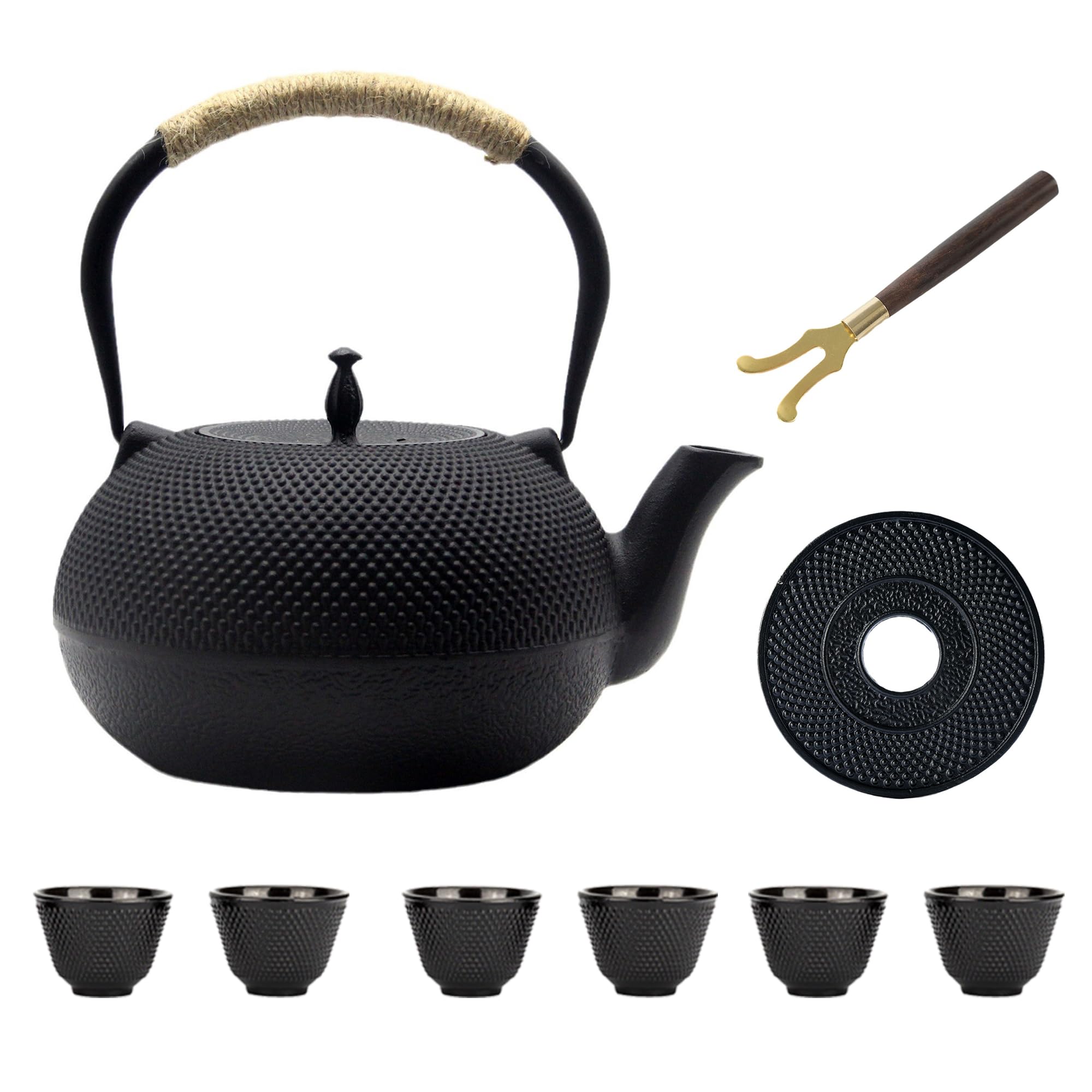 Service à thé en fonte avec tasses, théière japonaise Tetsubin compatible avec toutes les plaques de cuisson, service à thé en fonte avec passoire pour thé en vrac et intérieur émaillé (service à th