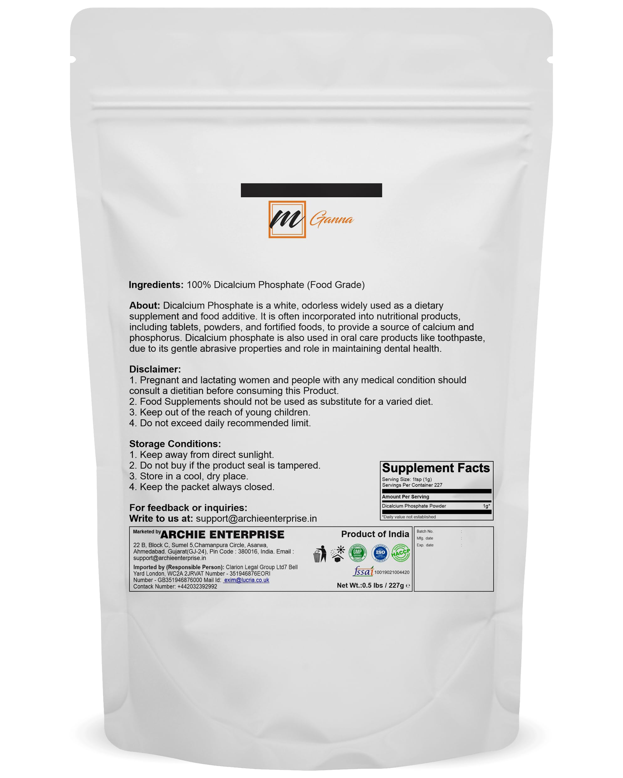 Fosfato di calcio dibasico per alimenti e cosmetici, 227 g