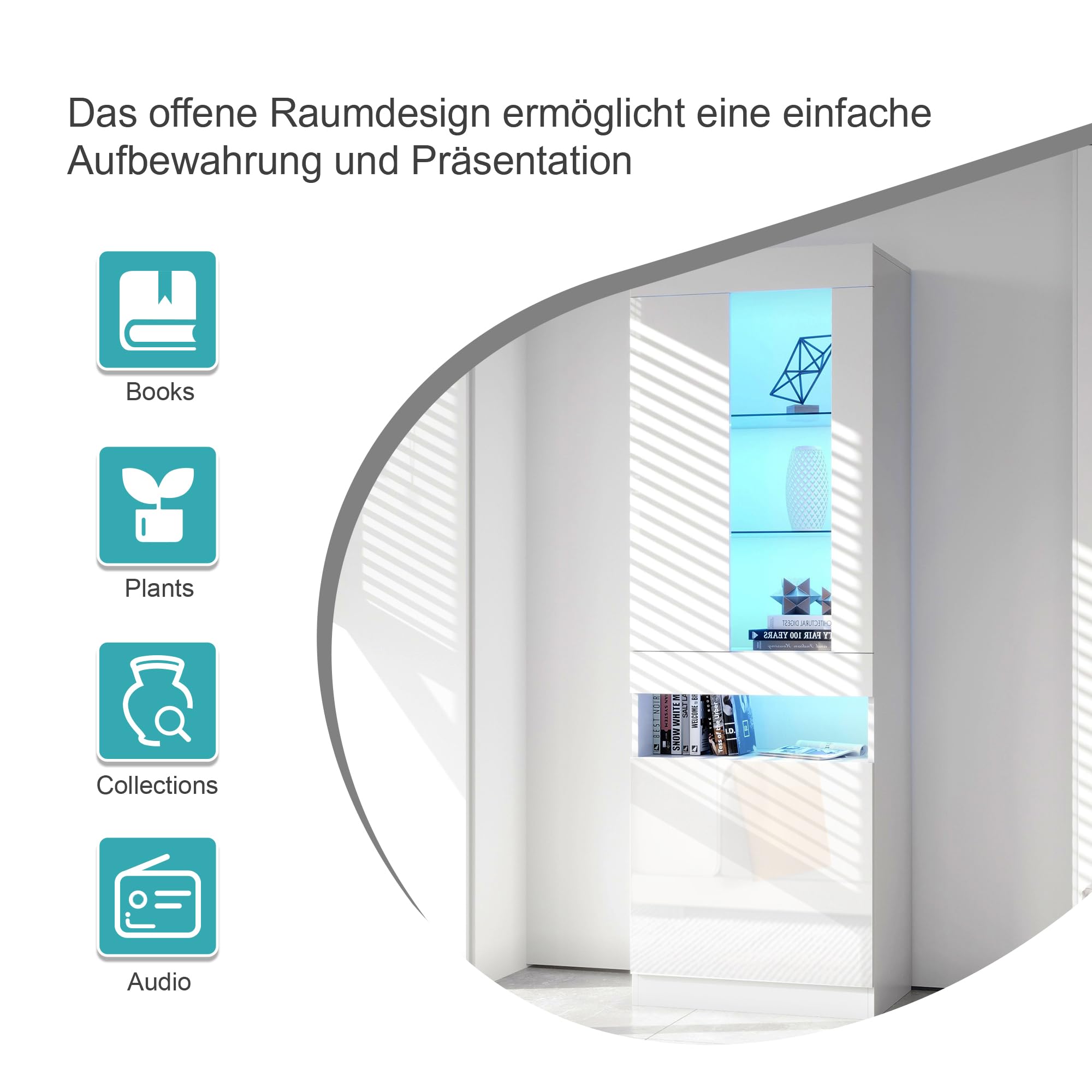 BTM Vitrine mit 16 Farben LED Beleuchtung, Standvitrine, Stauraumvitrine, Wohnzimmerschrank Weiß, LED-Schränke Buffet-Schrank, 50 (L) x40 (B) x180 cm (H)