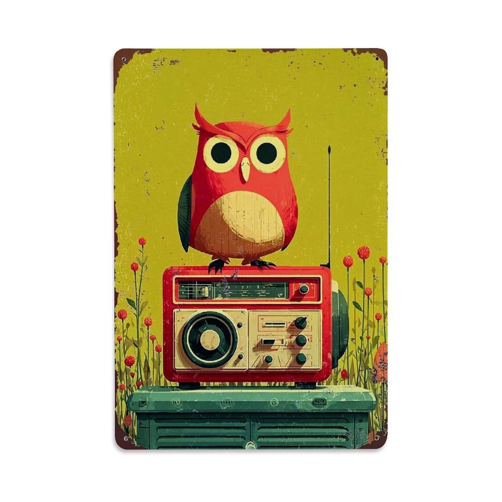 Jdfenggu Vintage Retro Owl Radio Garden Scene Retro Metal Tin Sign, Decor Art Poster For Bar, Home, Man Cave, Kitchen, Laundry Room Gift 8X12inch